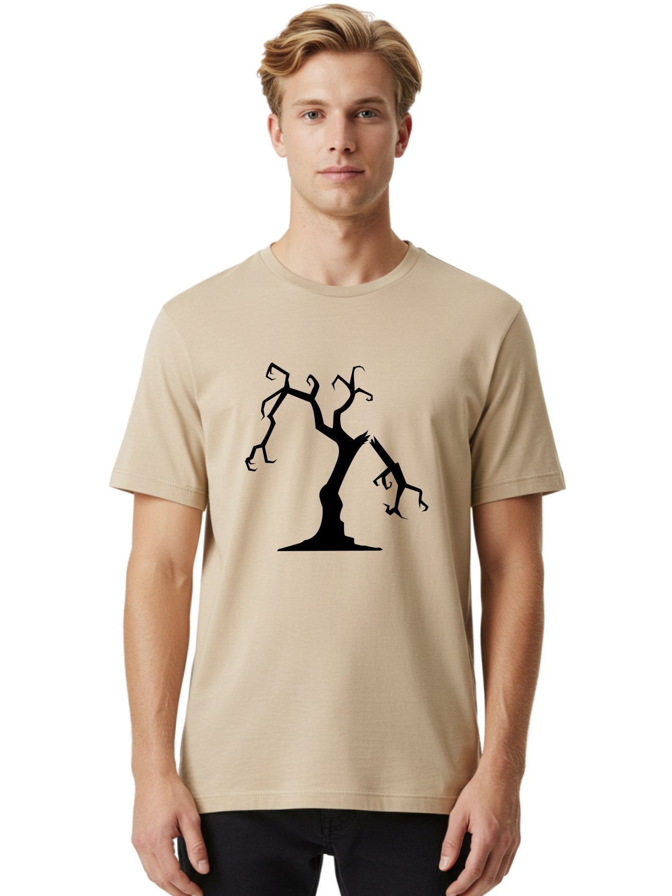 Twisted-Tree Men'S Graphic Tee, 100% Cotton, Comfortable Casual Summer Wear, Machine Washable, Dead Tree, Bare Branches, Twisted Limbs, Spooky Atmosphere, Dark Silhouette, Halloween Theme, Eerie Landscape, Gothic Aesthetic, Mysterious Forest, Aab237 16