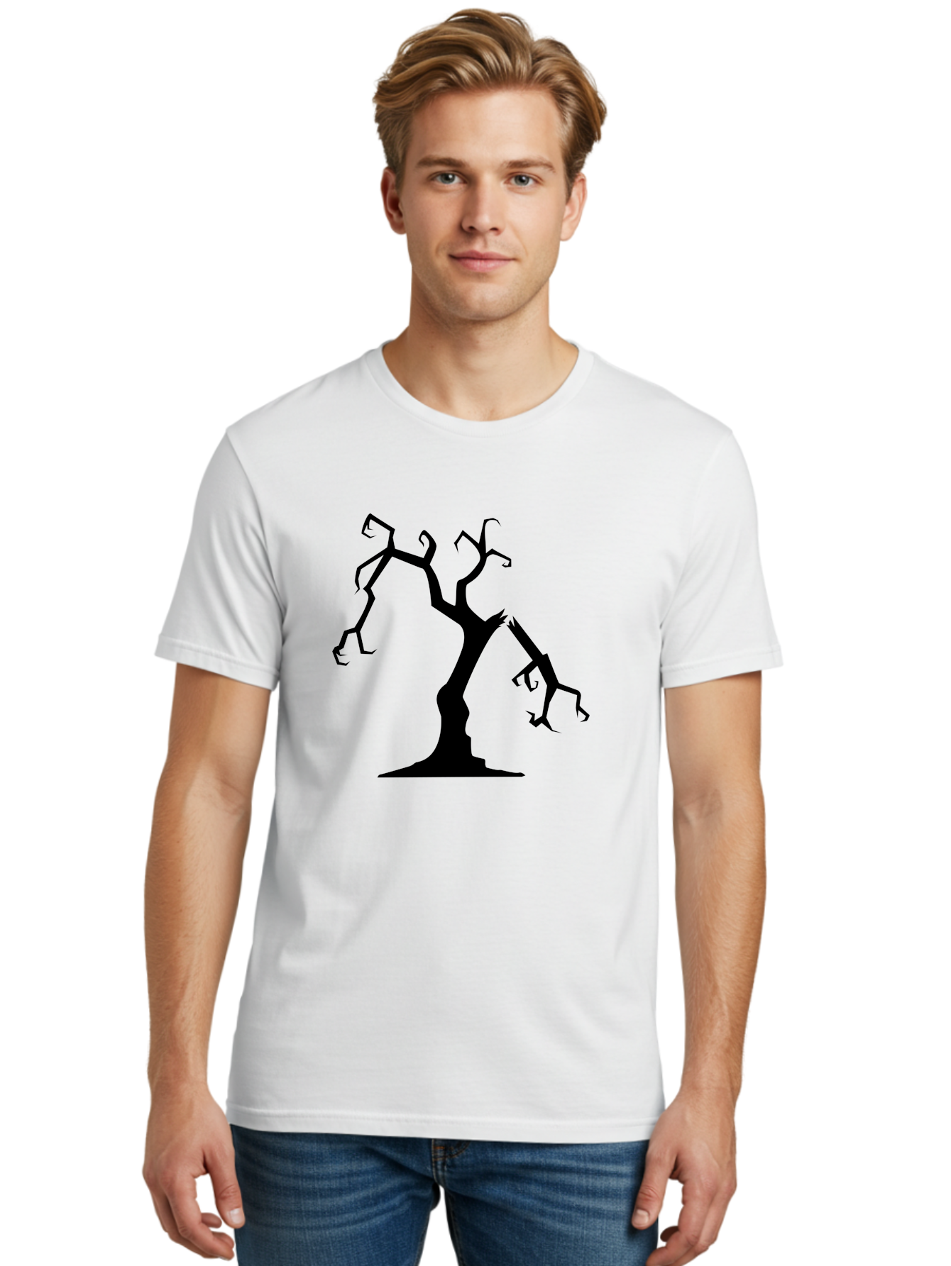 Twisted-Tree Men'S Graphic Tee, 100% Cotton, Comfortable Casual Summer Wear, Machine Washable, Dead Tree, Bare Branches, Twisted Limbs, Spooky Atmosphere, Dark Silhouette, Halloween Theme, Eerie Landscape, Gothic Aesthetic, Mysterious Forest, Aab237 30