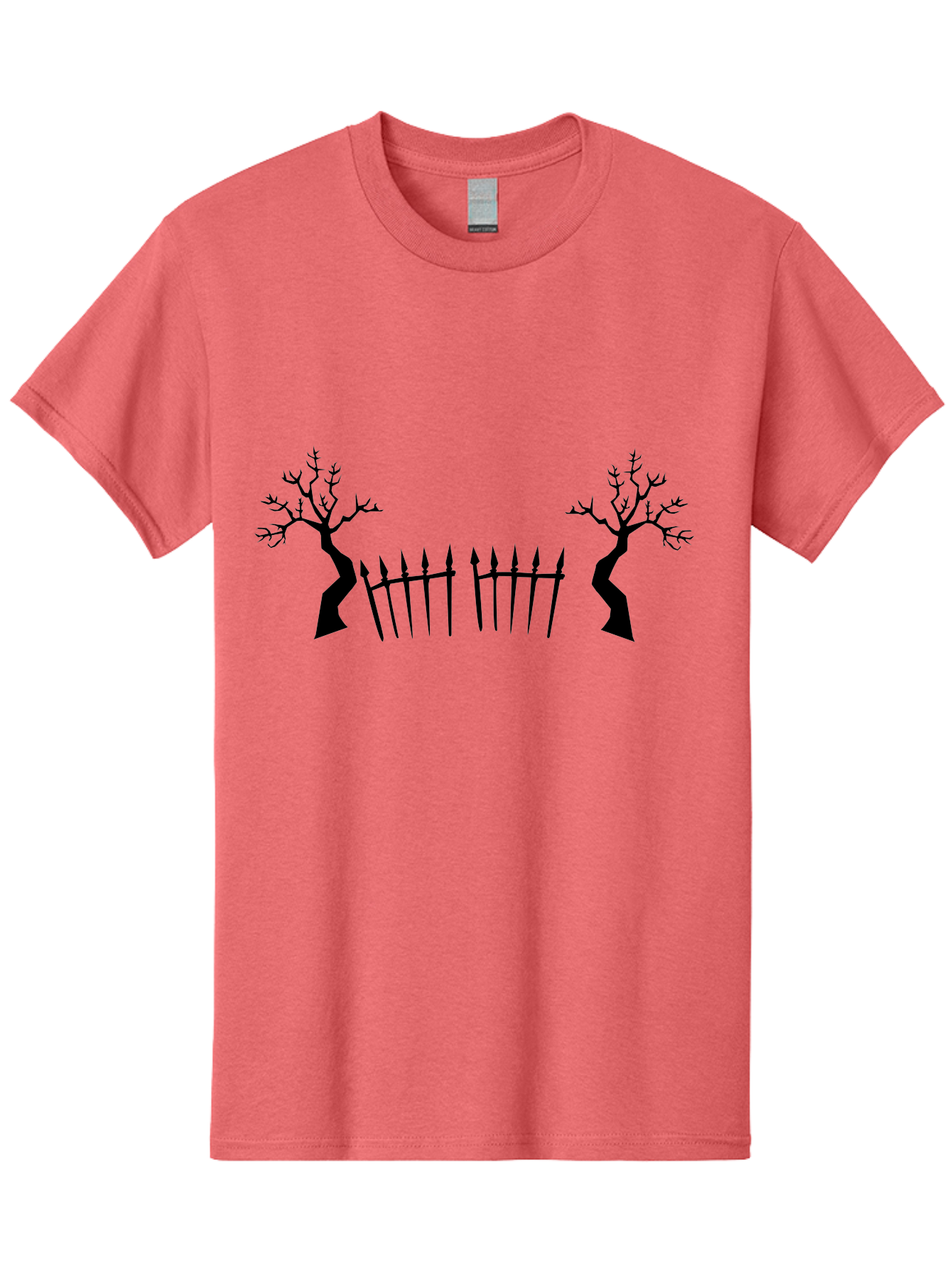 Twisted-Trees-And-Fence Men'S Graphic Tee, 100% Cotton, Comfortable Casual Summer Wear, Machine Washable, Twisted Trees, Bare Branches, Wrought Iron Fence, Spiked Fence, Eerie Landscape, Gothic Scenery, Haunted Atmosphere, Dark Silhouette, Aab238 5
