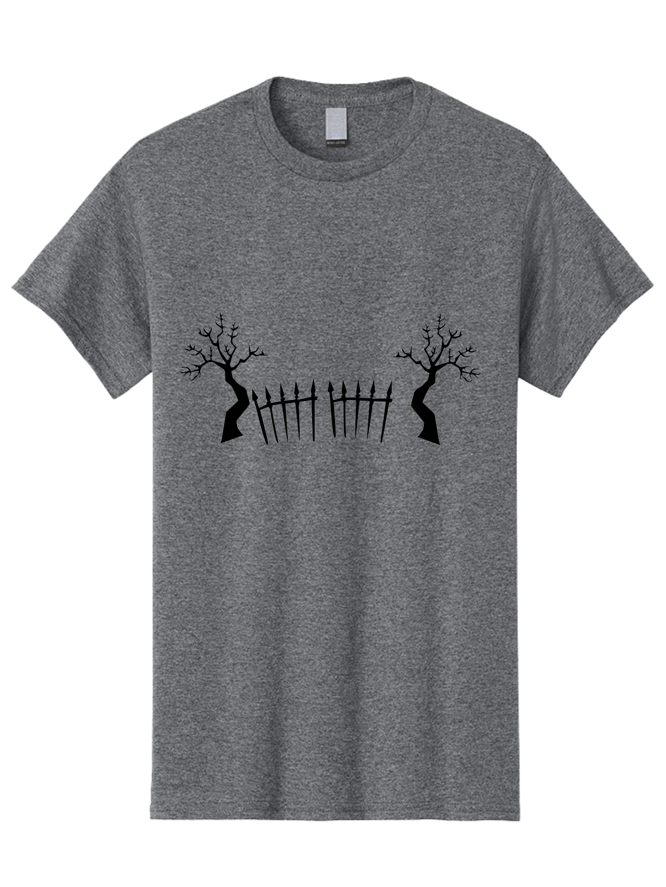 Twisted-Trees-And-Fence Men'S Graphic Tee, 100% Cotton, Comfortable Casual Summer Wear, Machine Washable, Twisted Trees, Bare Branches, Wrought Iron Fence, Spiked Fence, Eerie Landscape, Gothic Scenery, Haunted Atmosphere, Dark Silhouette, Aab238 9