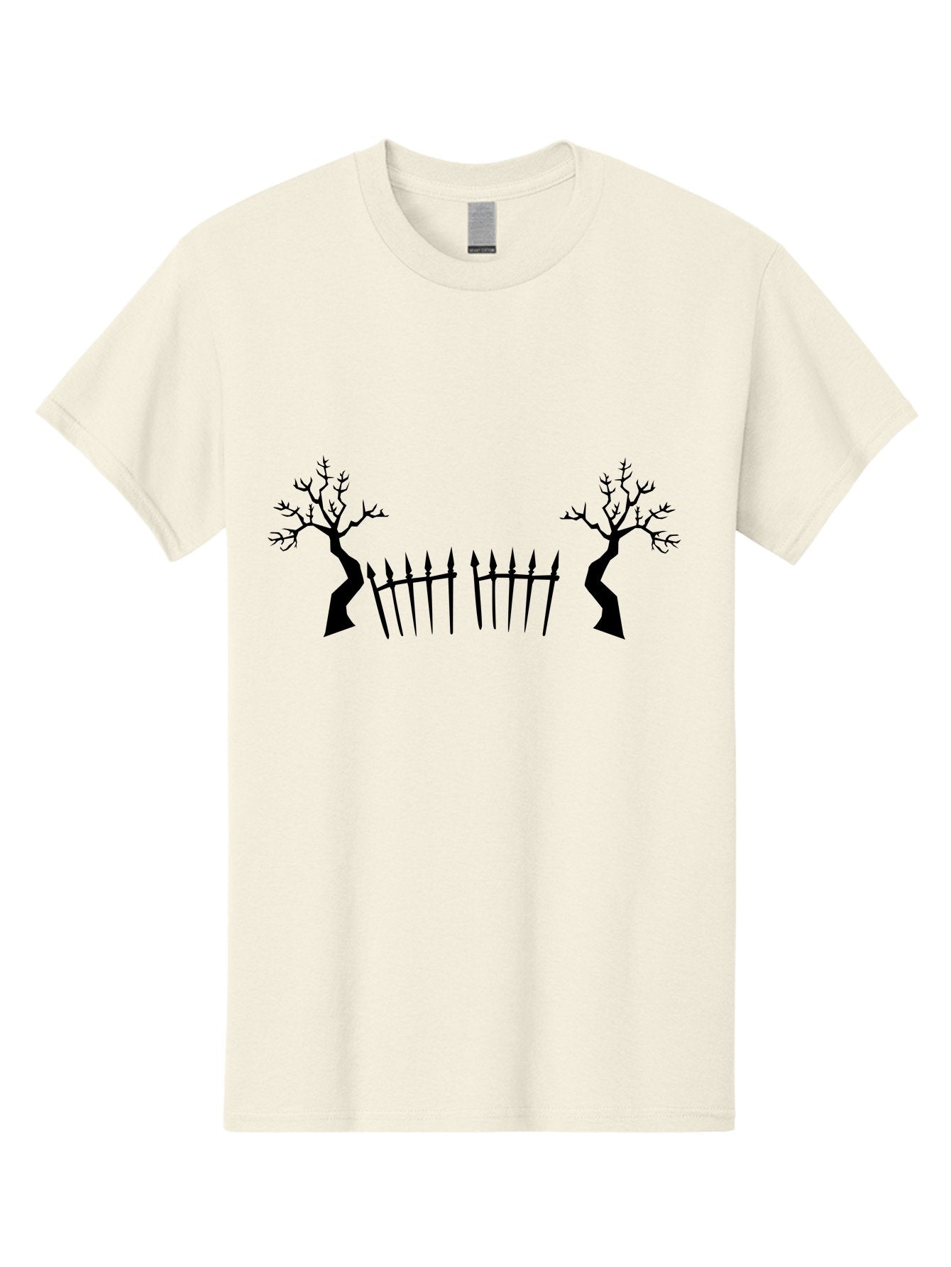 Twisted-Trees-And-Fence Men'S Graphic Tee, 100% Cotton, Comfortable Casual Summer Wear, Machine Washable, Twisted Trees, Bare Branches, Wrought Iron Fence, Spiked Fence, Eerie Landscape, Gothic Scenery, Haunted Atmosphere, Dark Silhouette, Aab238