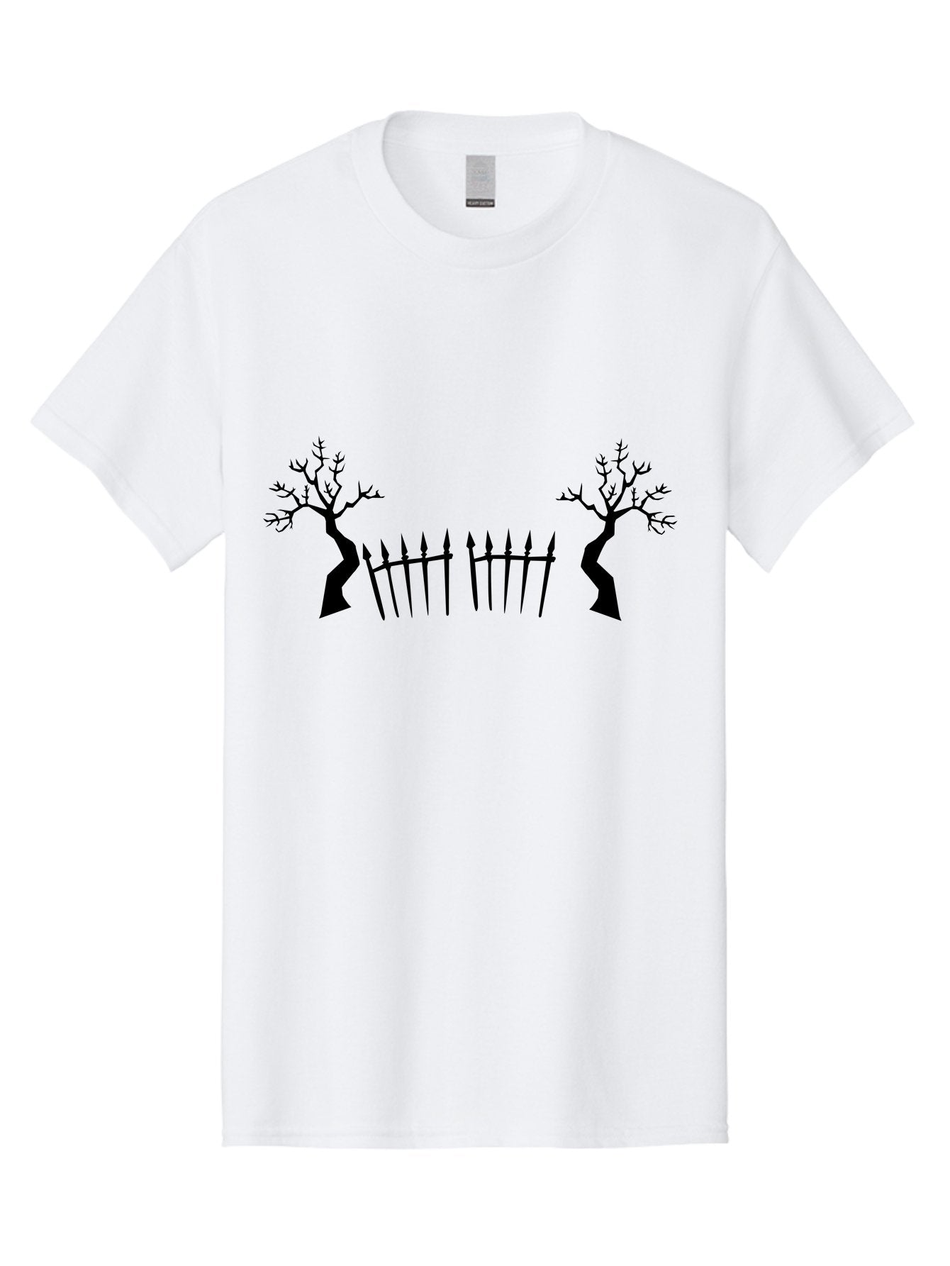 Twisted-Trees-And-Fence Men'S Graphic Tee, 100% Cotton, Comfortable Casual Summer Wear, Machine Washable, Twisted Trees, Bare Branches, Wrought Iron Fence, Spiked Fence, Eerie Landscape, Gothic Scenery, Haunted Atmosphere, Dark Silhouette, Aab238 13