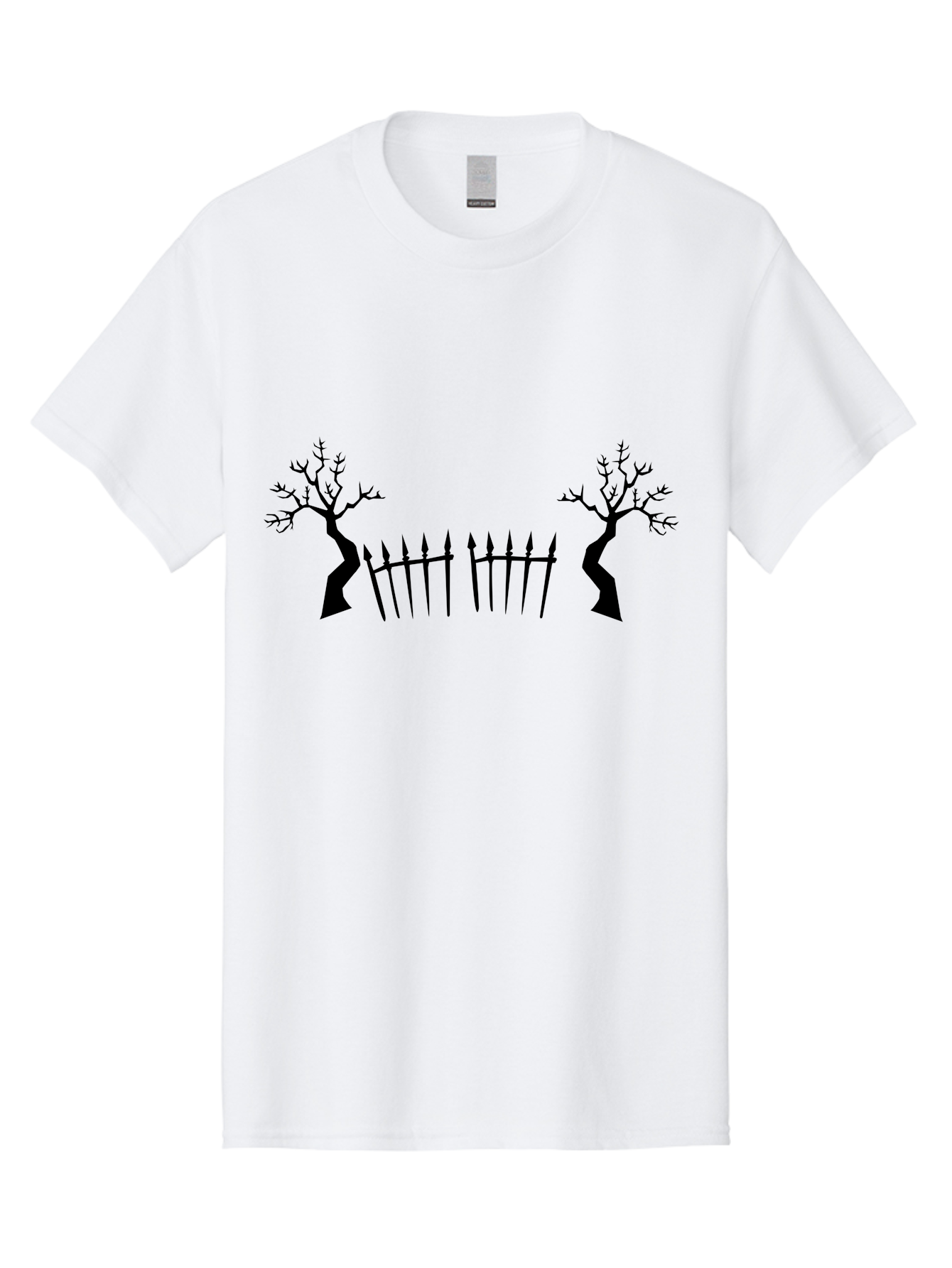 Twisted-Trees-And-Fence Men'S Graphic Tee, 100% Cotton, Comfortable Casual Summer Wear, Machine Washable, Twisted Trees, Bare Branches, Wrought Iron Fence, Spiked Fence, Eerie Landscape, Gothic Scenery, Haunted Atmosphere, Dark Silhouette, Aab238 29