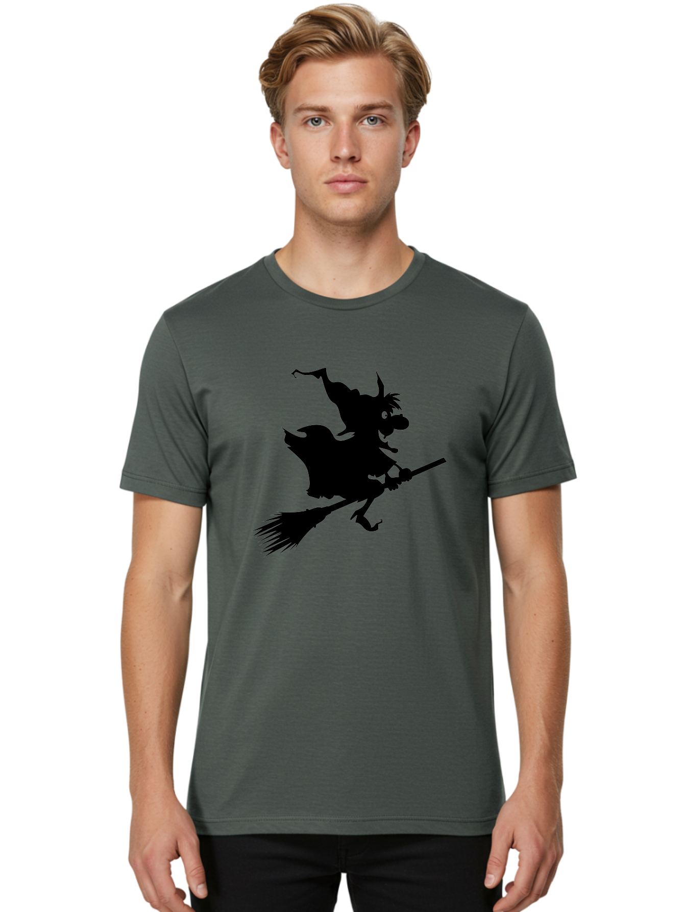 Witch-On-Broomstick Men'S Graphic Tee, 100% Cotton, Comfortable Casual Summer Wear, Machine Washable, Witch On Broomstick, Flying Witch, Halloween Character, Silhouette Art, Magical Creature, Spooky Theme, Mysterious Atmosphere, Aab239 18