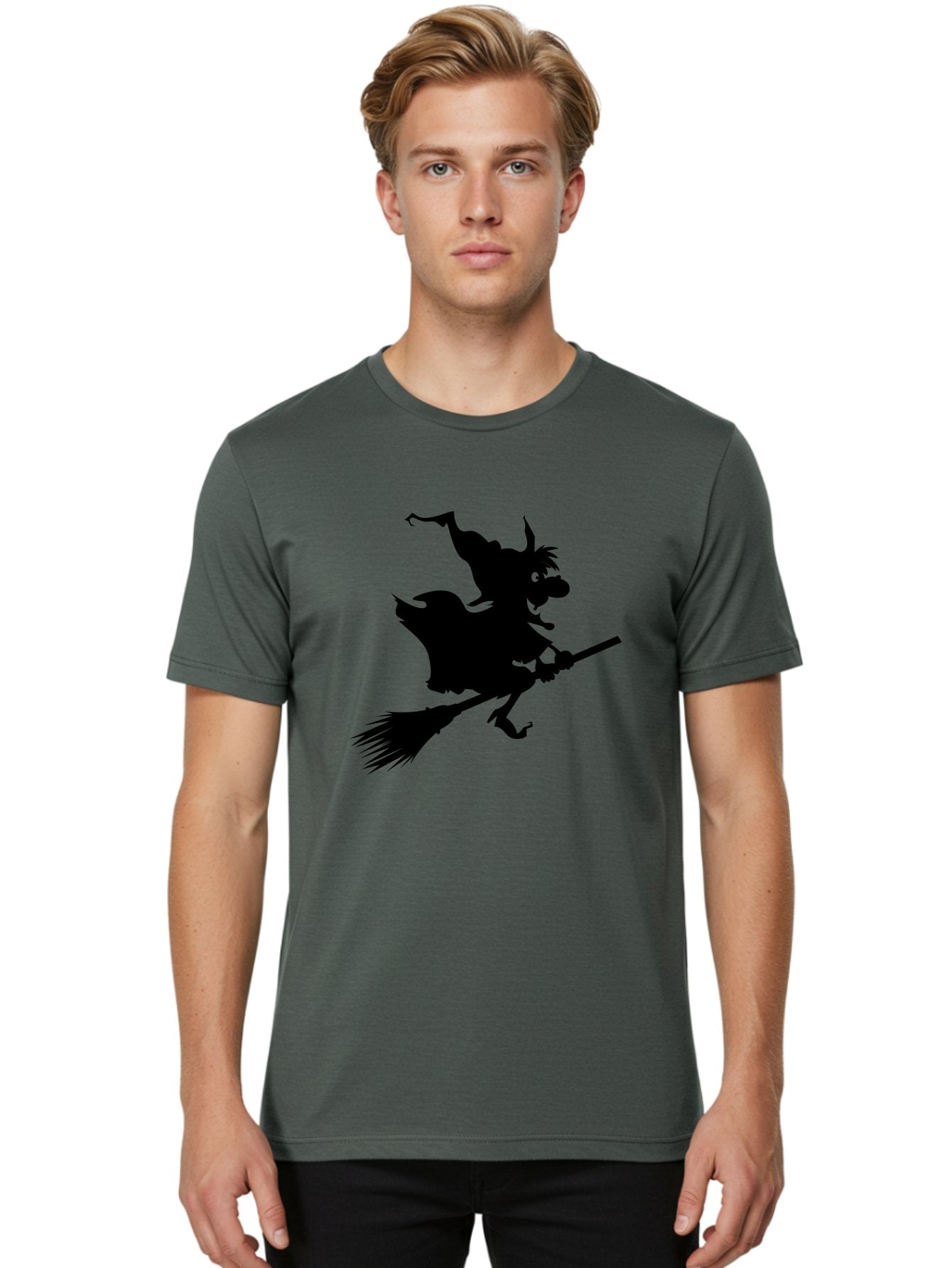 Witch-On-Broomstick Men'S Graphic Tee, 100% Cotton, Comfortable Casual Summer Wear, Machine Washable, Witch On Broomstick, Flying Witch, Halloween Character, Silhouette Art, Magical Creature, Spooky Theme, Mysterious Atmosphere, Aab239 22