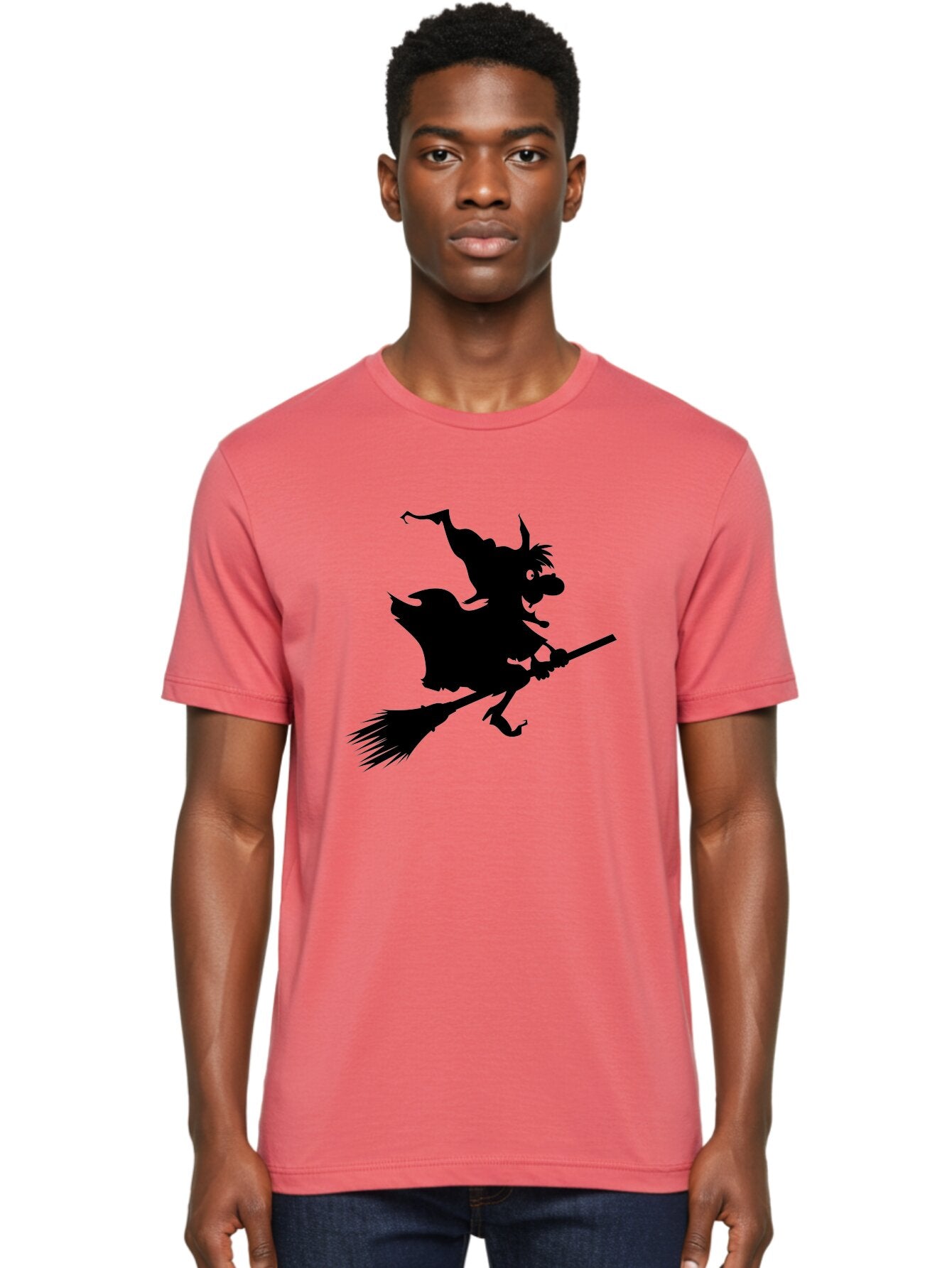 Witch-On-Broomstick Men'S Graphic Tee, 100% Cotton, Comfortable Casual Summer Wear, Machine Washable, Witch On Broomstick, Flying Witch, Halloween Character, Silhouette Art, Magical Creature, Spooky Theme, Mysterious Atmosphere, Aab239 21