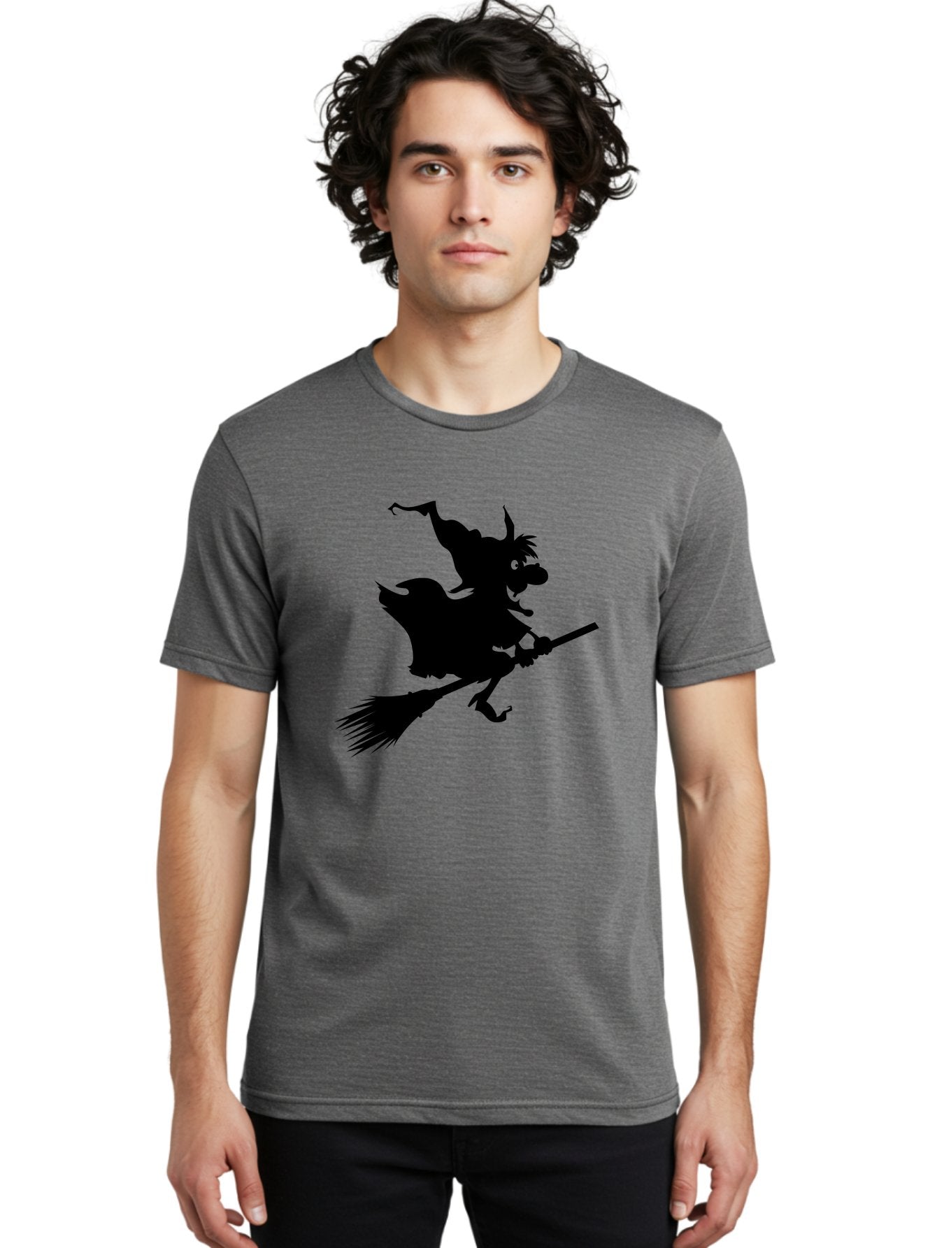 Witch-On-Broomstick Men'S Graphic Tee, 100% Cotton, Comfortable Casual Summer Wear, Machine Washable, Witch On Broomstick, Flying Witch, Halloween Character, Silhouette Art, Magical Creature, Spooky Theme, Mysterious Atmosphere, Aab239 29