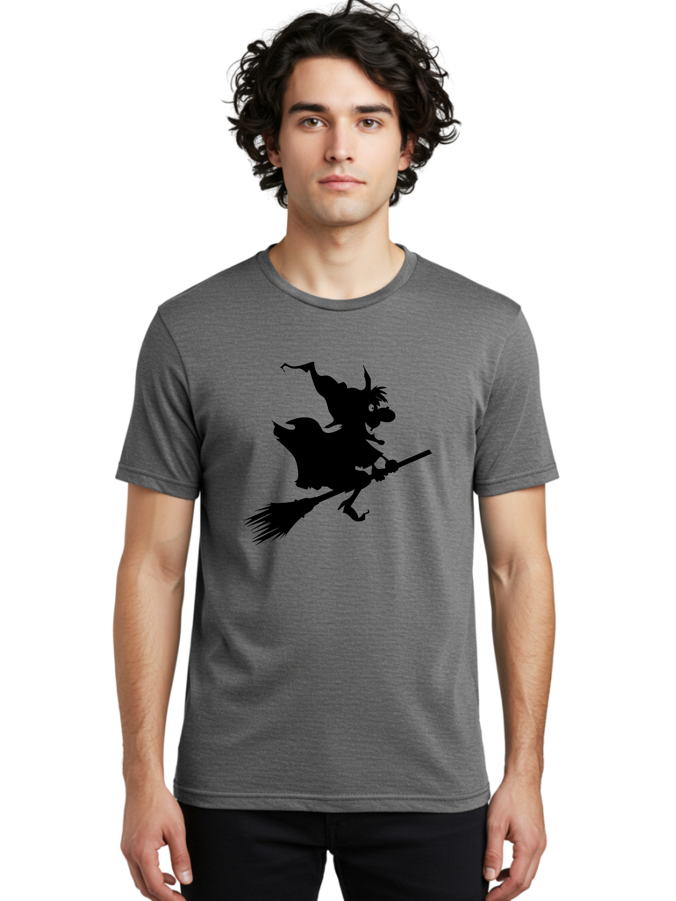 Witch-On-Broomstick Men'S Graphic Tee, 100% Cotton, Comfortable Casual Summer Wear, Machine Washable, Witch On Broomstick, Flying Witch, Halloween Character, Silhouette Art, Magical Creature, Spooky Theme, Mysterious Atmosphere, Aab239 4