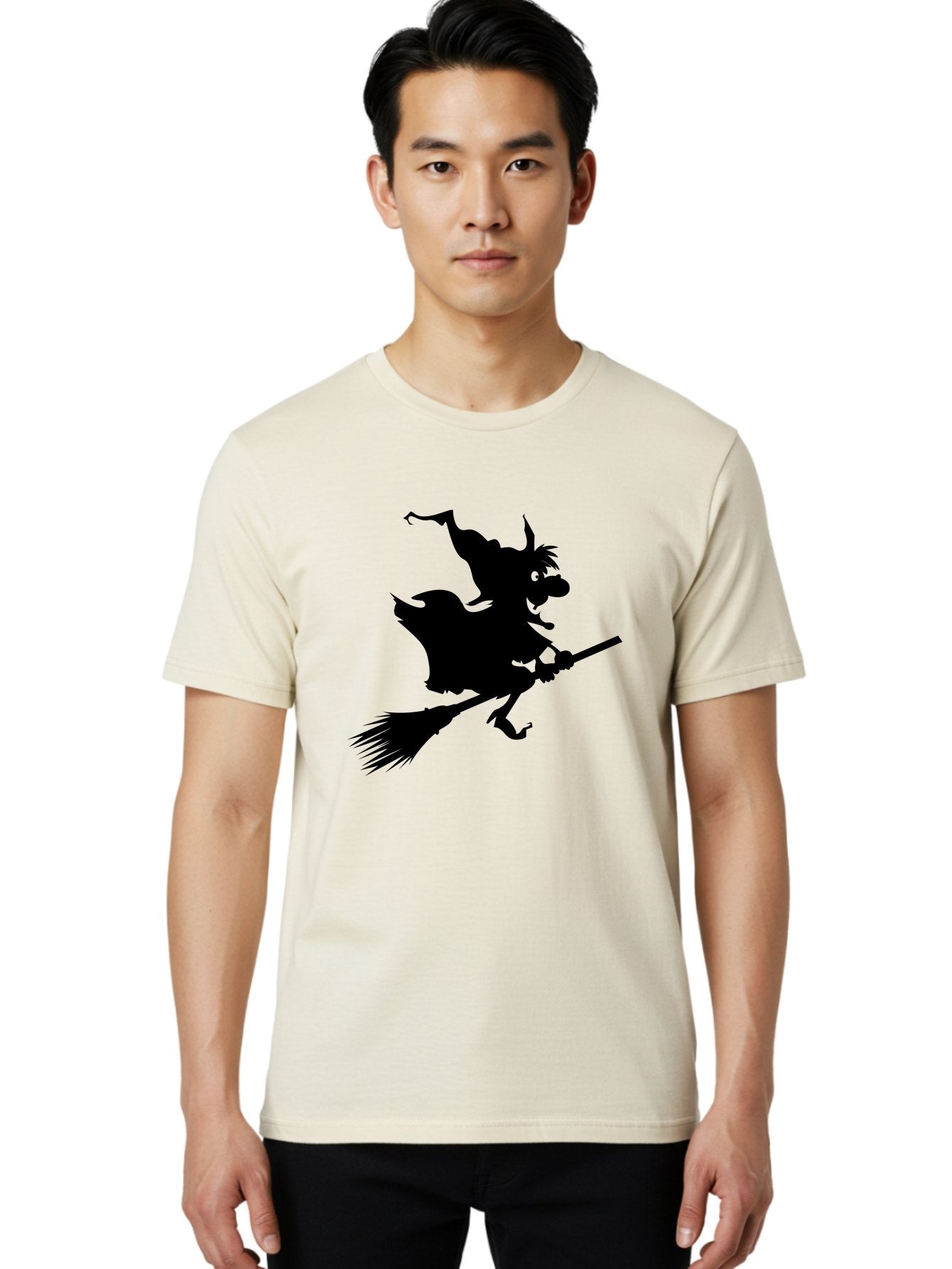 Witch-On-Broomstick Men'S Graphic Tee, 100% Cotton, Comfortable Casual Summer Wear, Machine Washable, Witch On Broomstick, Flying Witch, Halloween Character, Silhouette Art, Magical Creature, Spooky Theme, Mysterious Atmosphere, Aab239 20