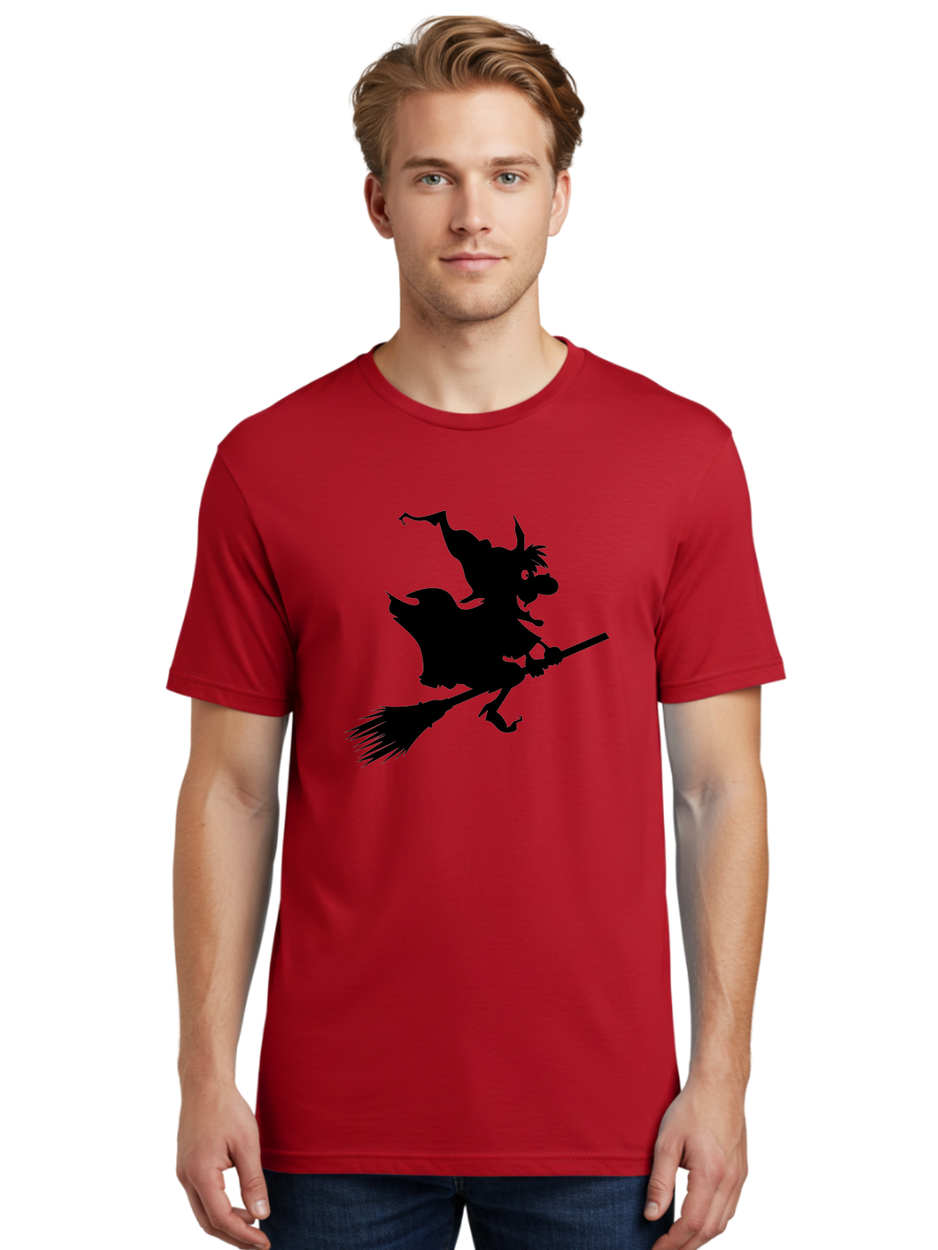 Witch-On-Broomstick Men'S Graphic Tee, 100% Cotton, Comfortable Casual Summer Wear, Machine Washable, Witch On Broomstick, Flying Witch, Halloween Character, Silhouette Art, Magical Creature, Spooky Theme, Mysterious Atmosphere, Aab239 14