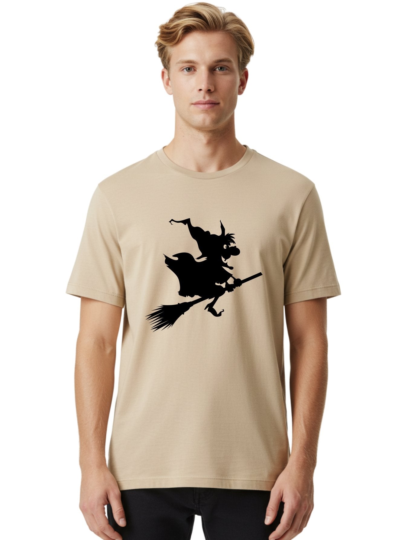 Witch-On-Broomstick Men'S Graphic Tee, 100% Cotton, Comfortable Casual Summer Wear, Machine Washable, Witch On Broomstick, Flying Witch, Halloween Character, Silhouette Art, Magical Creature, Spooky Theme, Mysterious Atmosphere, Aab239 25