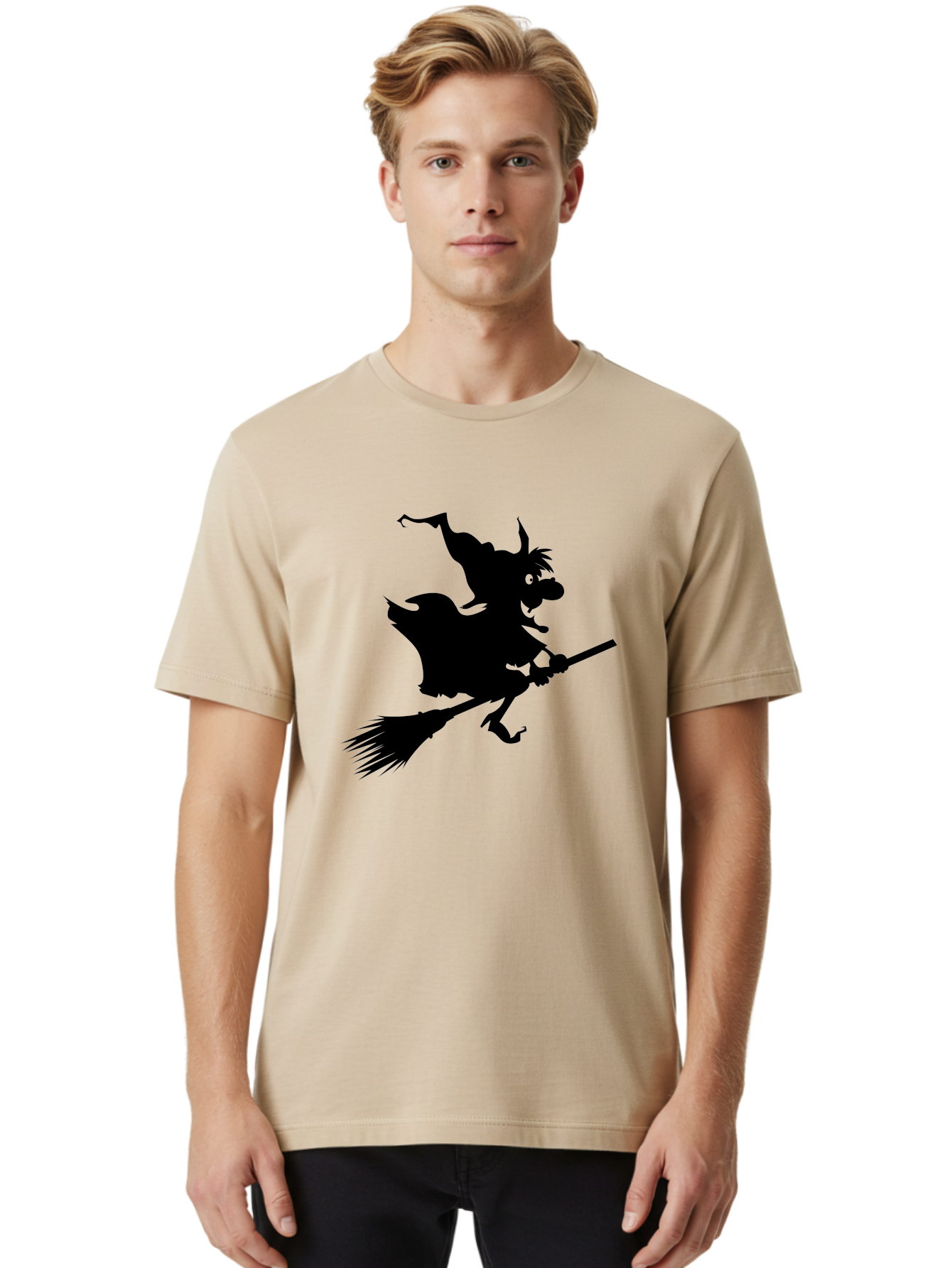 Witch-On-Broomstick Men'S Graphic Tee, 100% Cotton, Comfortable Casual Summer Wear, Machine Washable, Witch On Broomstick, Flying Witch, Halloween Character, Silhouette Art, Magical Creature, Spooky Theme, Mysterious Atmosphere, Aab239 12