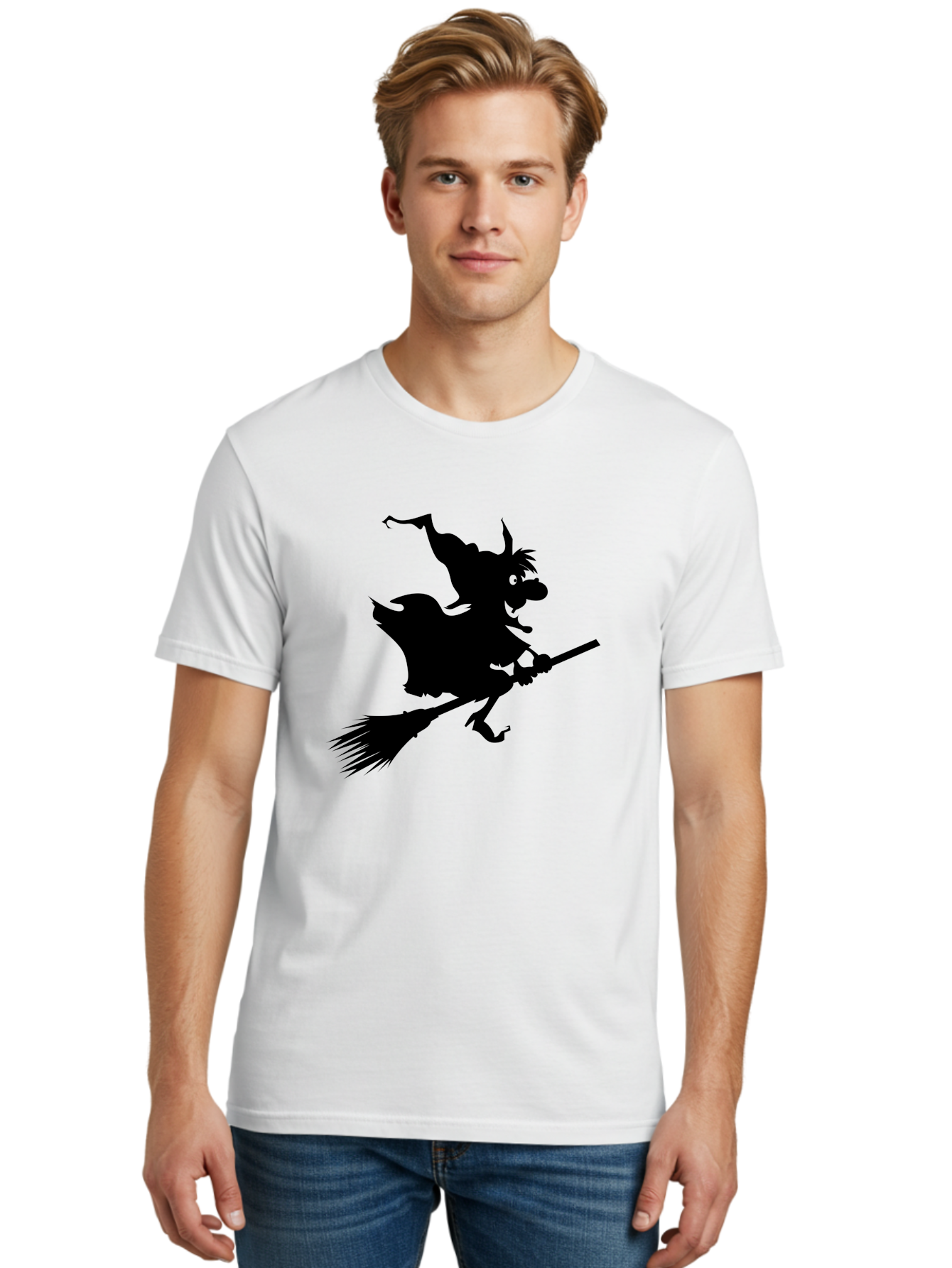 Witch-On-Broomstick Men'S Graphic Tee, 100% Cotton, Comfortable Casual Summer Wear, Machine Washable, Witch On Broomstick, Flying Witch, Halloween Character, Silhouette Art, Magical Creature, Spooky Theme, Mysterious Atmosphere, Aab239 16