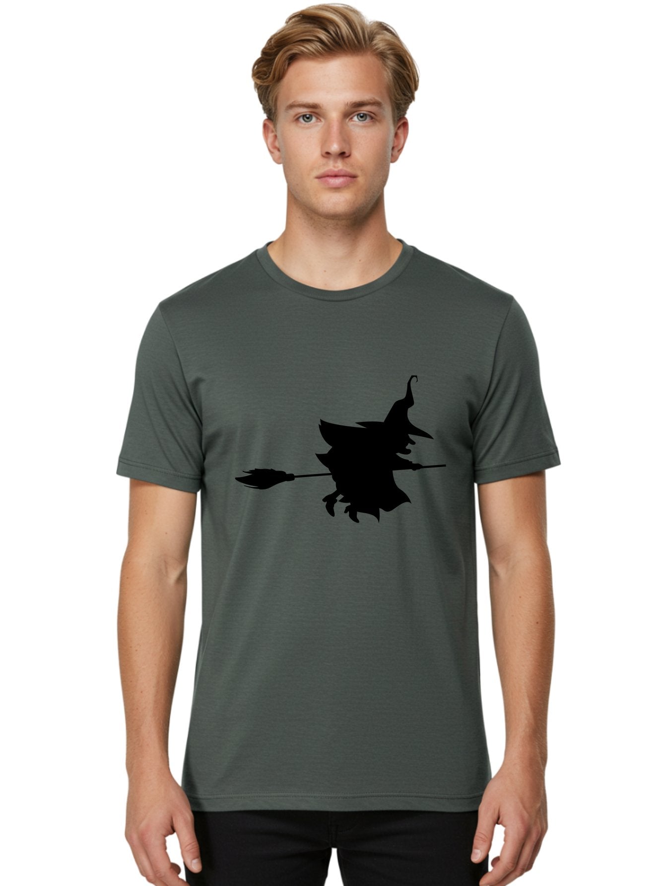Witch-Silhouette Men'S Graphic Tee, 100% Cotton, Comfortable Casual Summer Wear, Machine Washable, Witch Silhouette, Flying On Broomstick, Halloween Magic, Spooky Atmosphere, Mystical Powers, Flying Witch, Halloween Theme Aab240 19