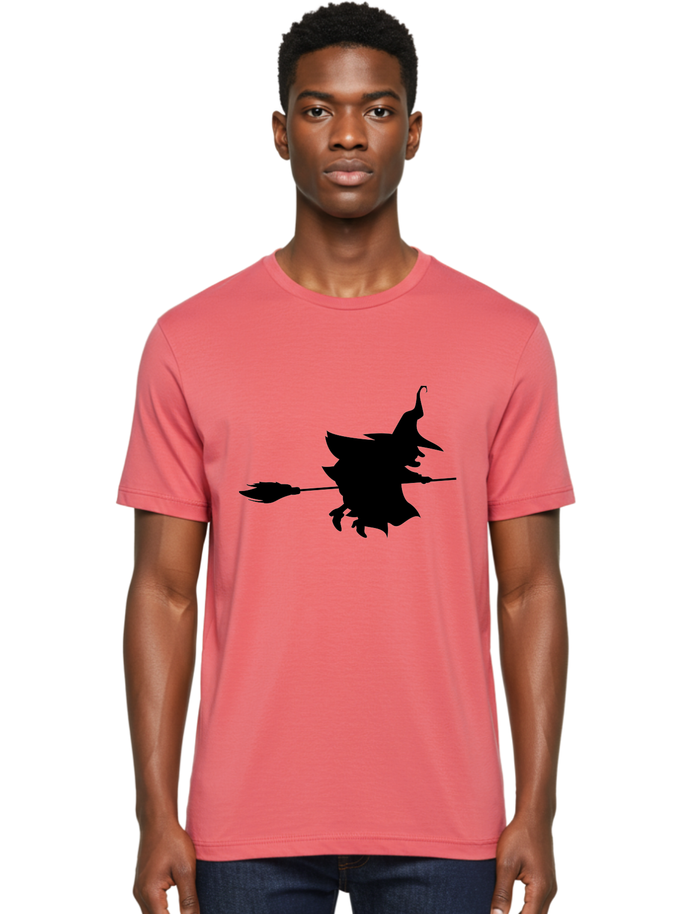 Witch-Silhouette Men'S Graphic Tee, 100% Cotton, Comfortable Casual Summer Wear, Machine Washable, Witch Silhouette, Flying On Broomstick, Halloween Magic, Spooky Atmosphere, Mystical Powers, Flying Witch, Halloween Theme Aab240
