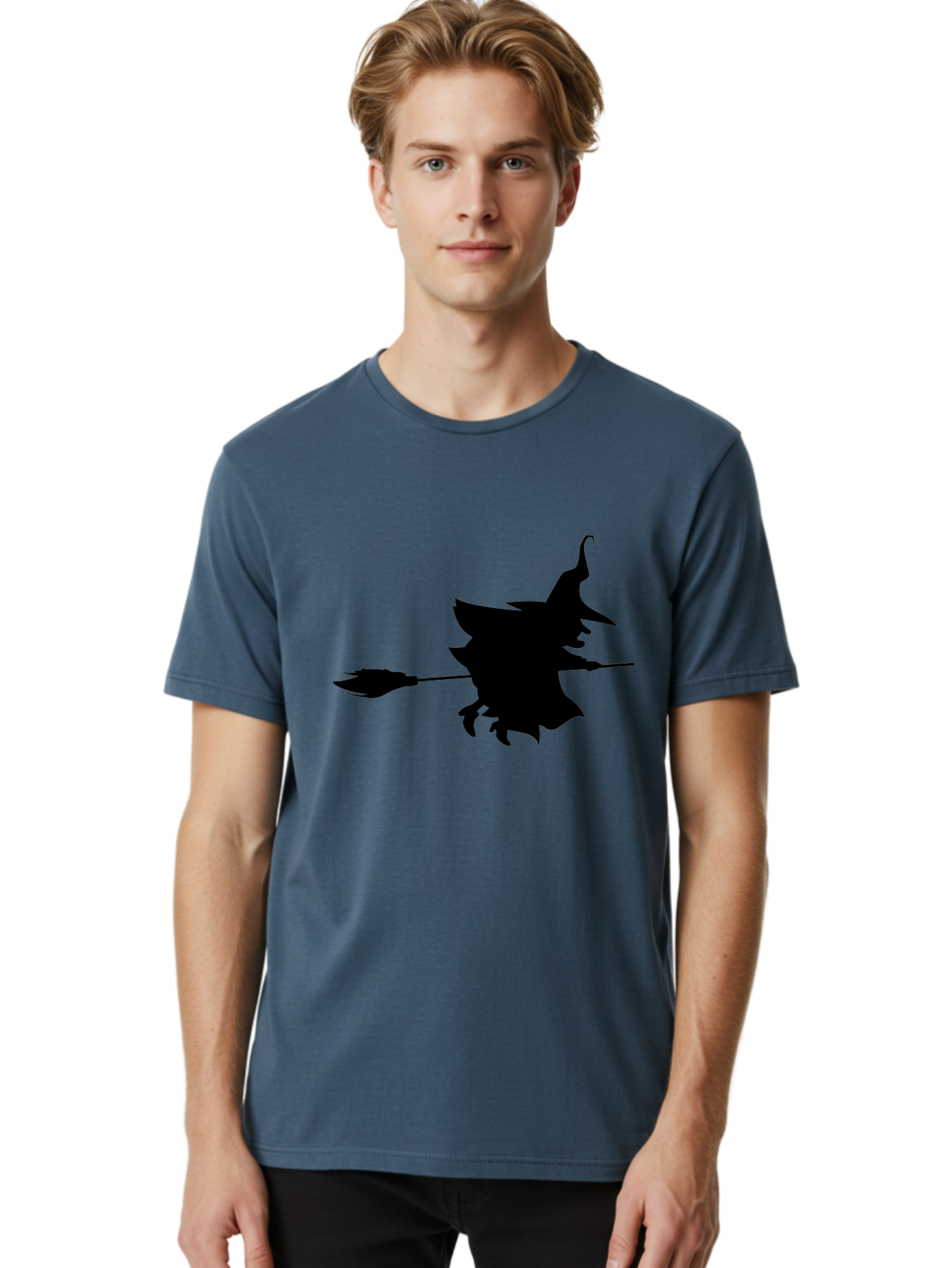 Witch-Silhouette Men'S Graphic Tee, 100% Cotton, Comfortable Casual Summer Wear, Machine Washable, Witch Silhouette, Flying On Broomstick, Halloween Magic, Spooky Atmosphere, Mystical Powers, Flying Witch, Halloween Theme Aab240 26