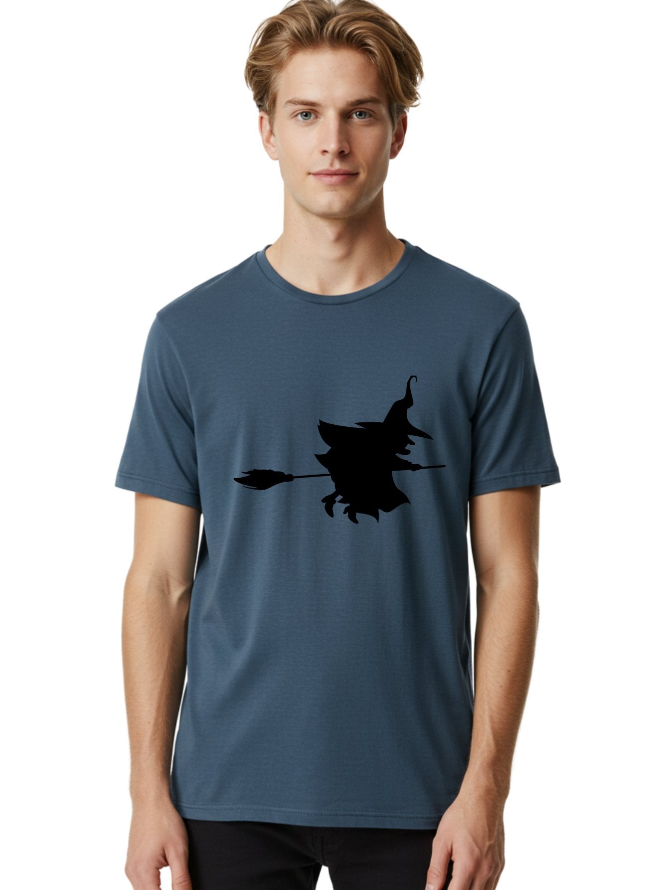 Witch-Silhouette Men'S Graphic Tee, 100% Cotton, Comfortable Casual Summer Wear, Machine Washable, Witch Silhouette, Flying On Broomstick, Halloween Magic, Spooky Atmosphere, Mystical Powers, Flying Witch, Halloween Theme Aab240 16