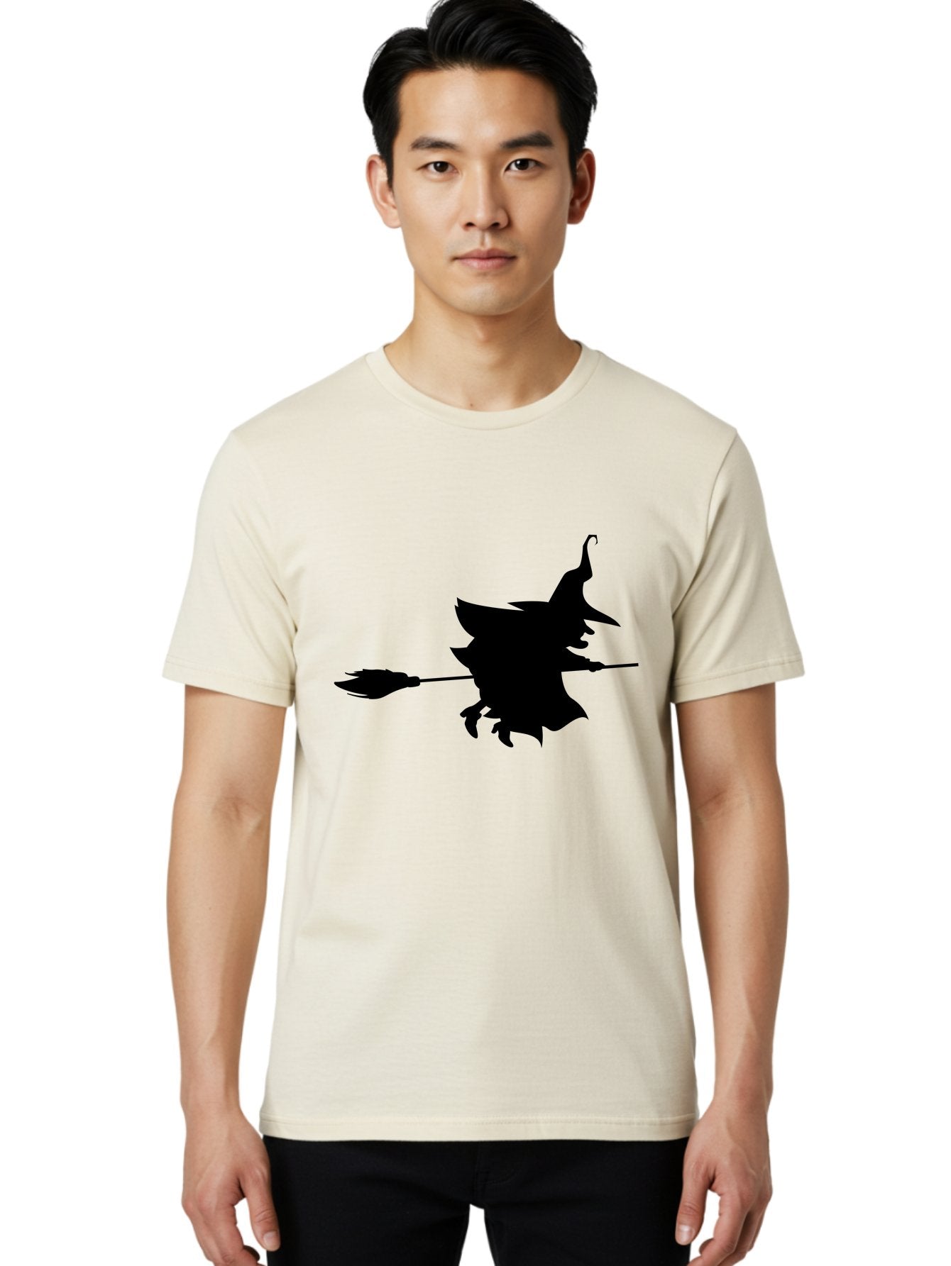 Witch-Silhouette Men'S Graphic Tee, 100% Cotton, Comfortable Casual Summer Wear, Machine Washable, Witch Silhouette, Flying On Broomstick, Halloween Magic, Spooky Atmosphere, Mystical Powers, Flying Witch, Halloween Theme Aab240 24