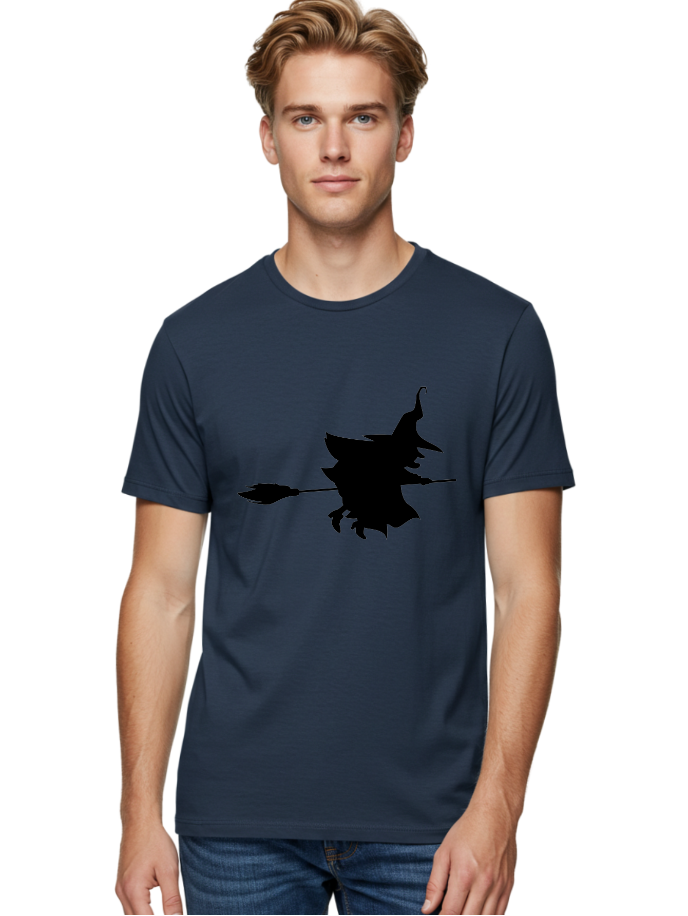 Witch-Silhouette Men'S Graphic Tee, 100% Cotton, Comfortable Casual Summer Wear, Machine Washable, Witch Silhouette, Flying On Broomstick, Halloween Magic, Spooky Atmosphere, Mystical Powers, Flying Witch, Halloween Theme Aab240 4