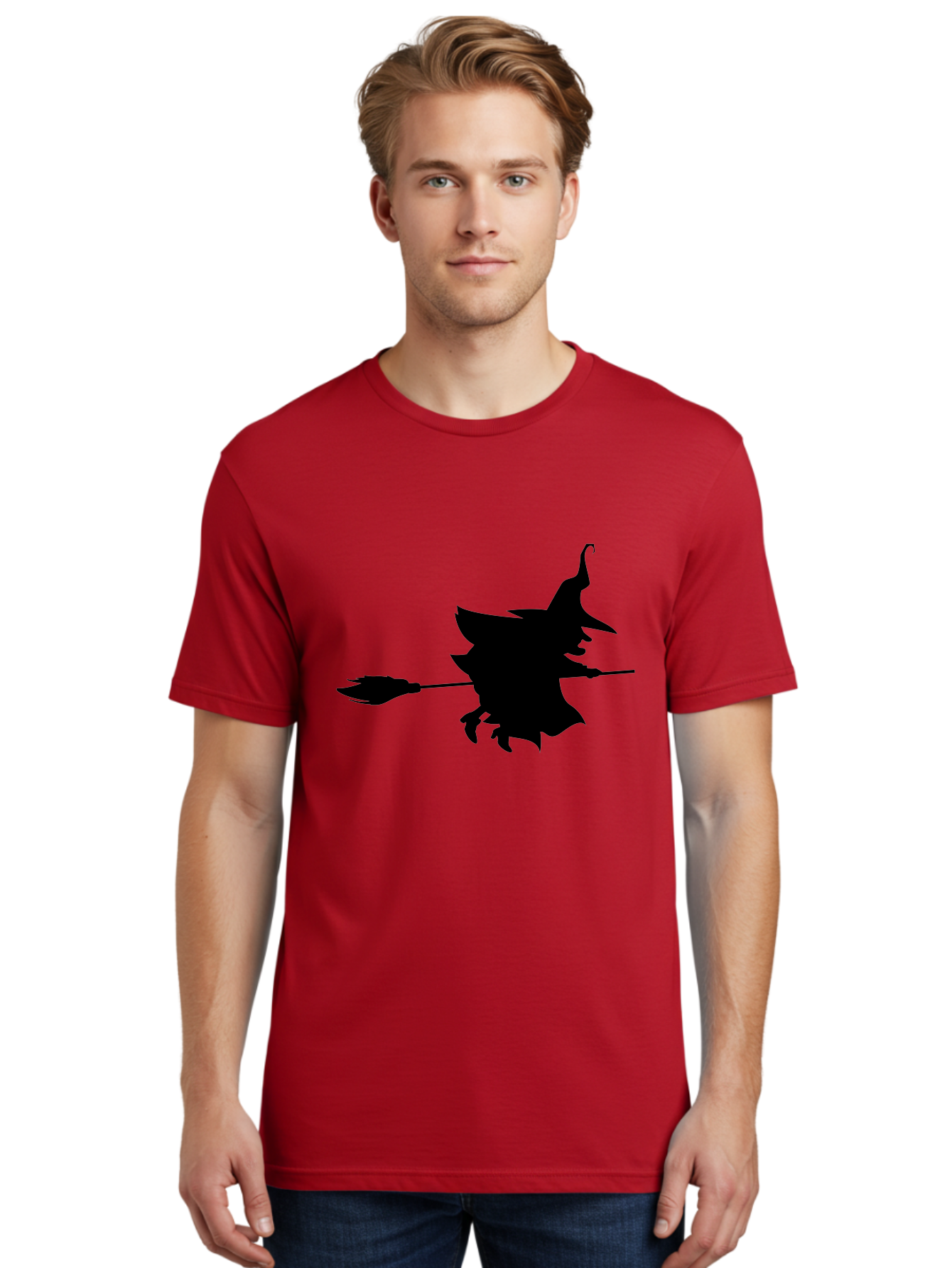 Witch-Silhouette Men'S Graphic Tee, 100% Cotton, Comfortable Casual Summer Wear, Machine Washable, Witch Silhouette, Flying On Broomstick, Halloween Magic, Spooky Atmosphere, Mystical Powers, Flying Witch, Halloween Theme Aab240 30