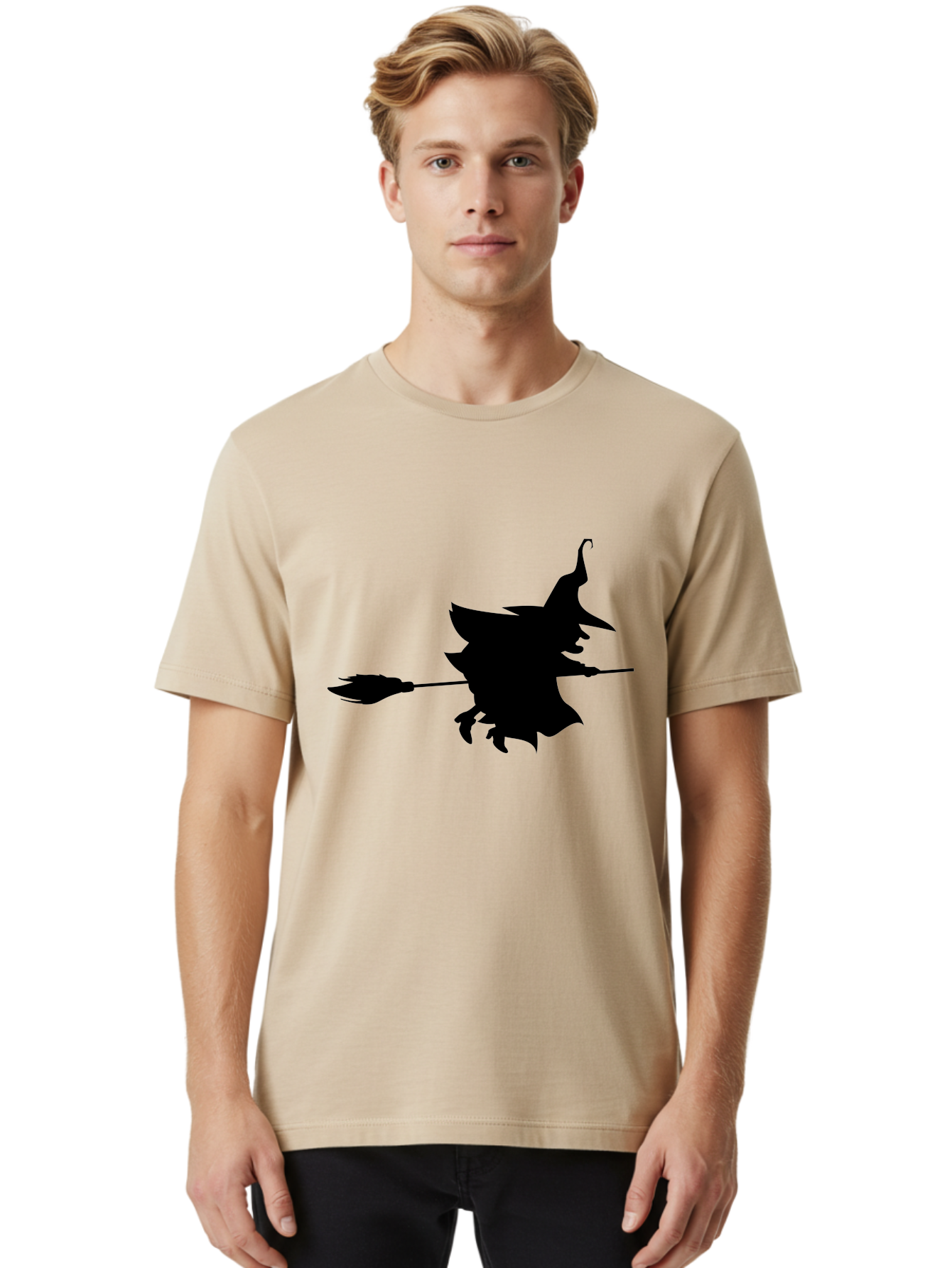 Witch-Silhouette Men'S Graphic Tee, 100% Cotton, Comfortable Casual Summer Wear, Machine Washable, Witch Silhouette, Flying On Broomstick, Halloween Magic, Spooky Atmosphere, Mystical Powers, Flying Witch, Halloween Theme Aab240 16