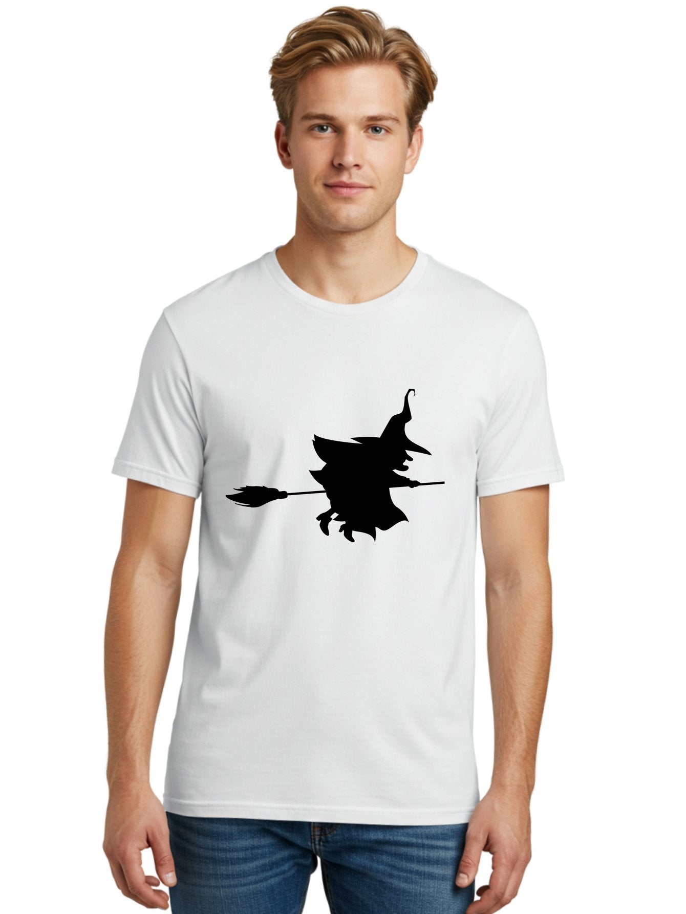 Witch-Silhouette Men'S Graphic Tee, 100% Cotton, Comfortable Casual Summer Wear, Machine Washable, Witch Silhouette, Flying On Broomstick, Halloween Magic, Spooky Atmosphere, Mystical Powers, Flying Witch, Halloween Theme Aab240 25