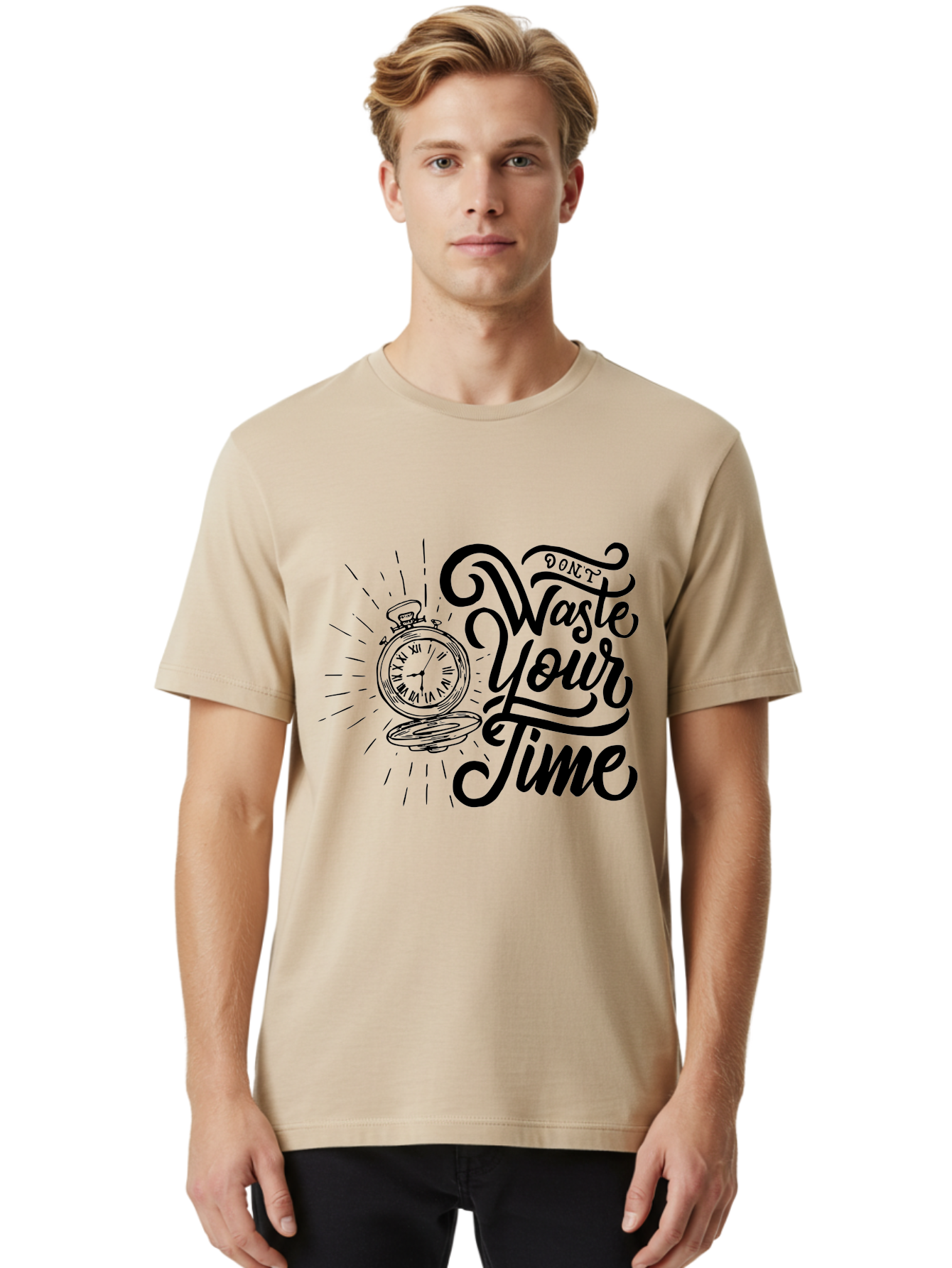 Don-T-Waste-Your-Time Men'S Graphic Tee, 100% Cotton, Comfortable Casual Summer Wear, Machine Washable, Motivational Quote, Pocket Watch, Time Management, Productivity Tips, Inspirational Sayings, Typography Art, Motivational Posters Aab244 28