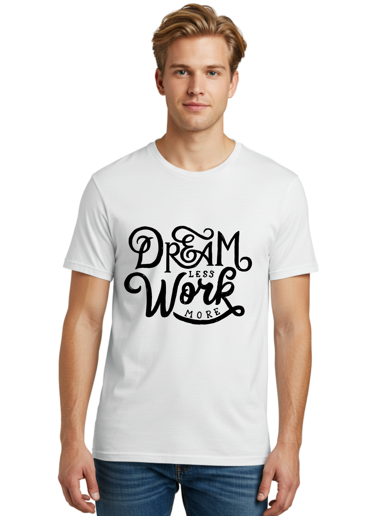 Dream-Less-Work-More Men'S Graphic Tee, 100% Cotton, Comfortable Casual Summer Wear, Machine Washable, Motivational Quote, Dream Less Work More, Inspirational Words, Typography Art, Stylized Text, Black Lettering, Motivational Poster, Aab248 30