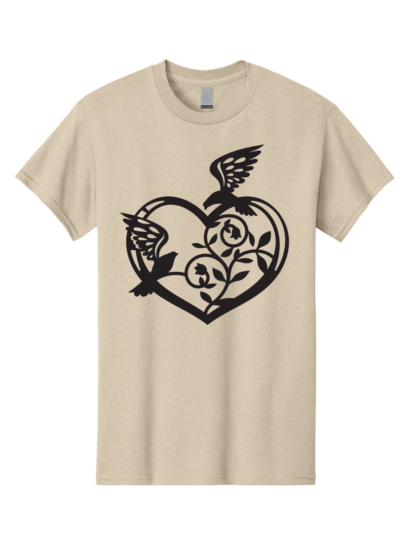 Birds-Heart Men'S Graphic Tee, 100% Cotton, Comfortable Casual Summer Wear, Machine Washable, Two Birds, Flying Birds, Heart Shape, Floral Design, Leafy Patterns, Love Symbol, Romantic Imagery, Bird Silhouettes, Whimsical Art, Elegant Design Aab257 8