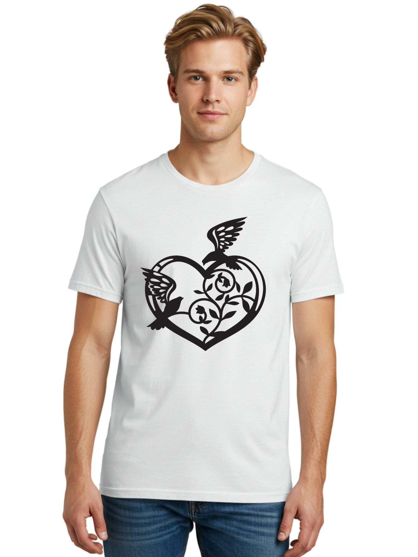 Birds-Heart Men'S Graphic Tee, 100% Cotton, Comfortable Casual Summer Wear, Machine Washable, Two Birds, Flying Birds, Heart Shape, Floral Design, Leafy Patterns, Love Symbol, Romantic Imagery, Bird Silhouettes, Whimsical Art, Elegant Design Aab257 22