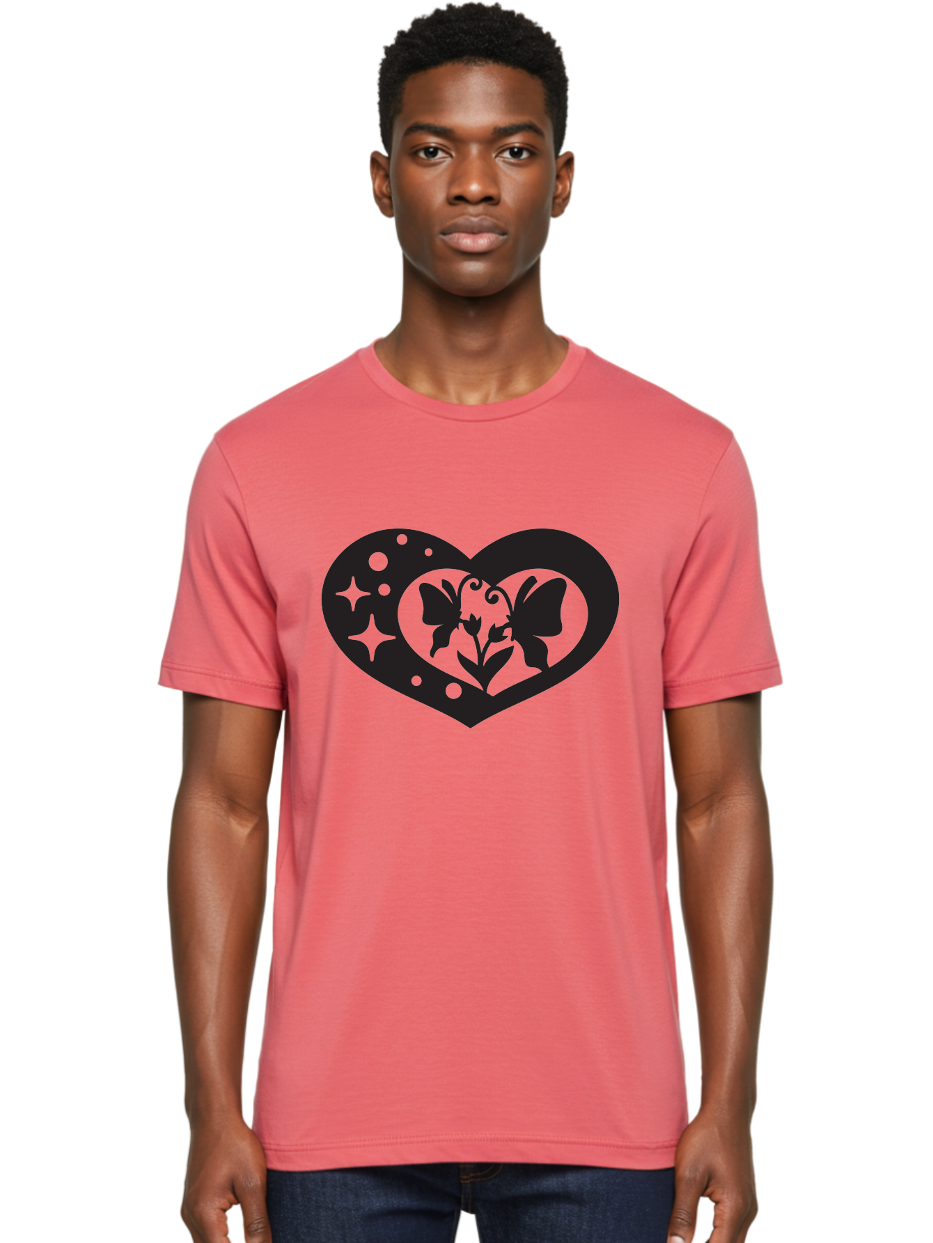 Butterfly-Heart Men'S Graphic Tee, 100% Cotton, Comfortable Casual Summer Wear, Machine Washable, Heart Shape, Butterfly Silhouette, Floral Design, Whimsical Graphics, Decorative Art, Symbolic Heart, Nature-Inspired, Mystical Charm, Aab259 6
