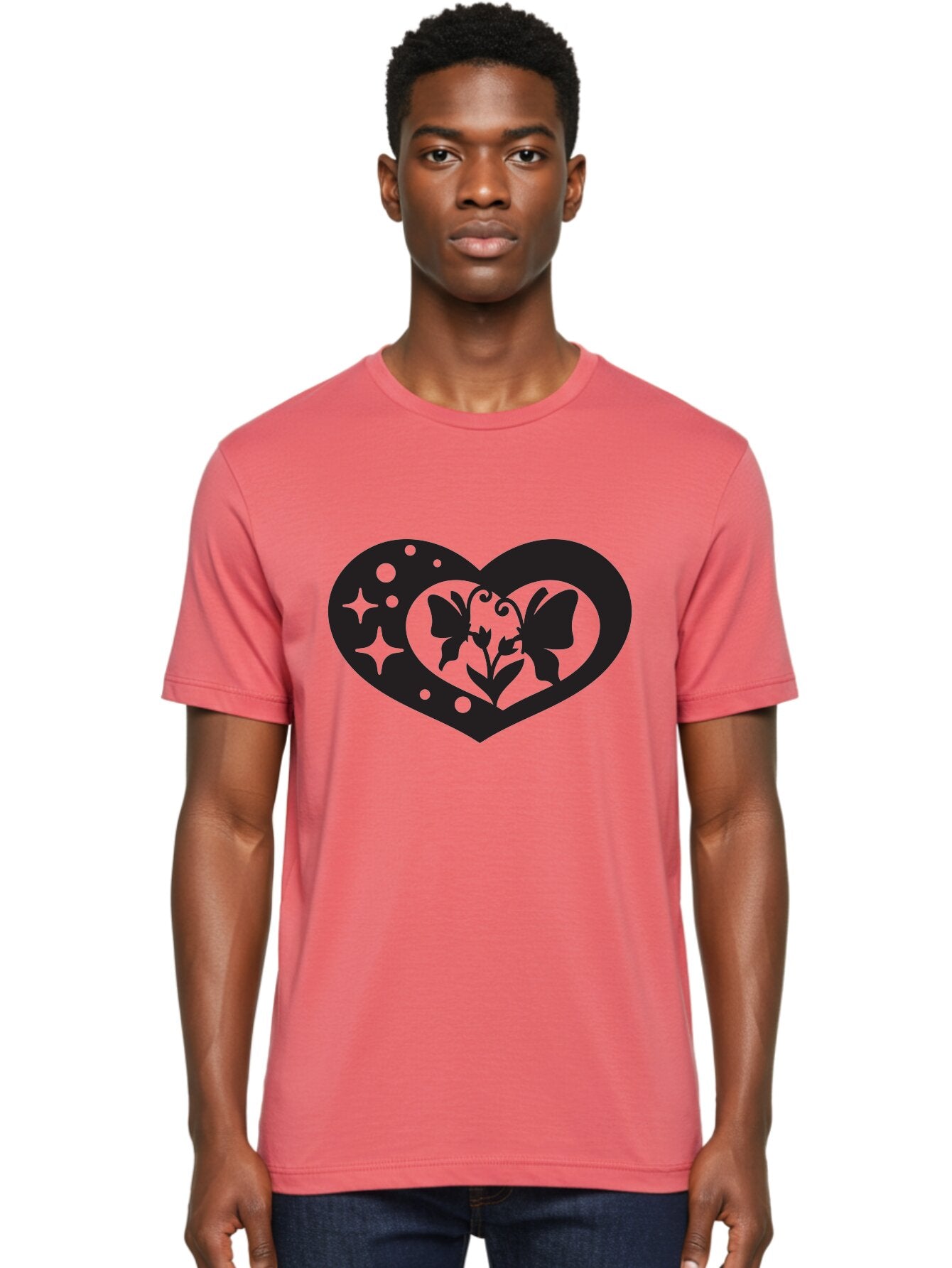 Butterfly-Heart Men'S Graphic Tee, 100% Cotton, Comfortable Casual Summer Wear, Machine Washable, Heart Shape, Butterfly Silhouette, Floral Design, Whimsical Graphics, Decorative Art, Symbolic Heart, Nature-Inspired, Mystical Charm, Aab259 30