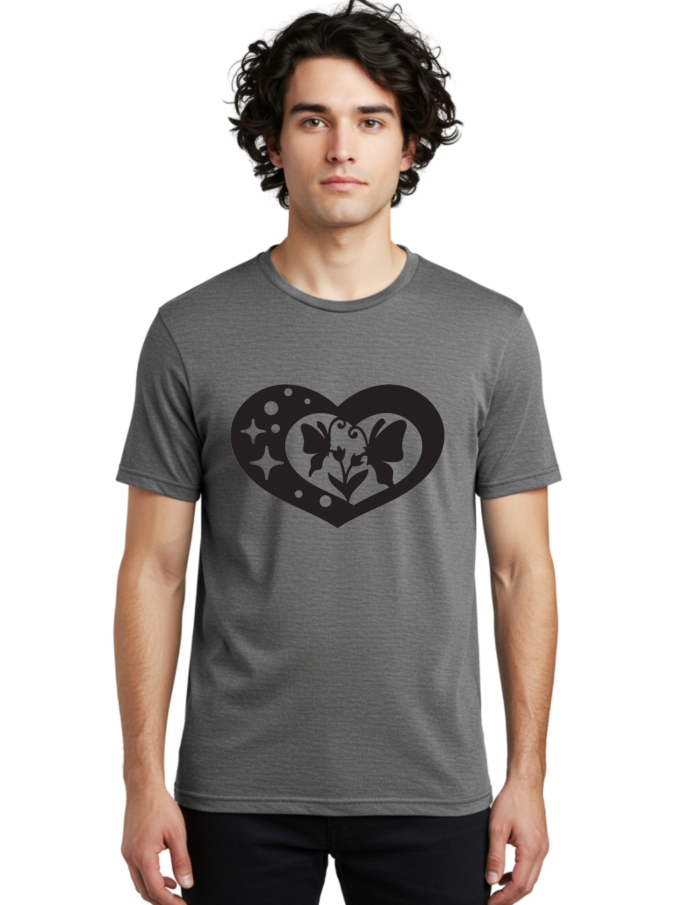 Butterfly-Heart Men'S Graphic Tee, 100% Cotton, Comfortable Casual Summer Wear, Machine Washable, Heart Shape, Butterfly Silhouette, Floral Design, Whimsical Graphics, Decorative Art, Symbolic Heart, Nature-Inspired, Mystical Charm, Aab259 10