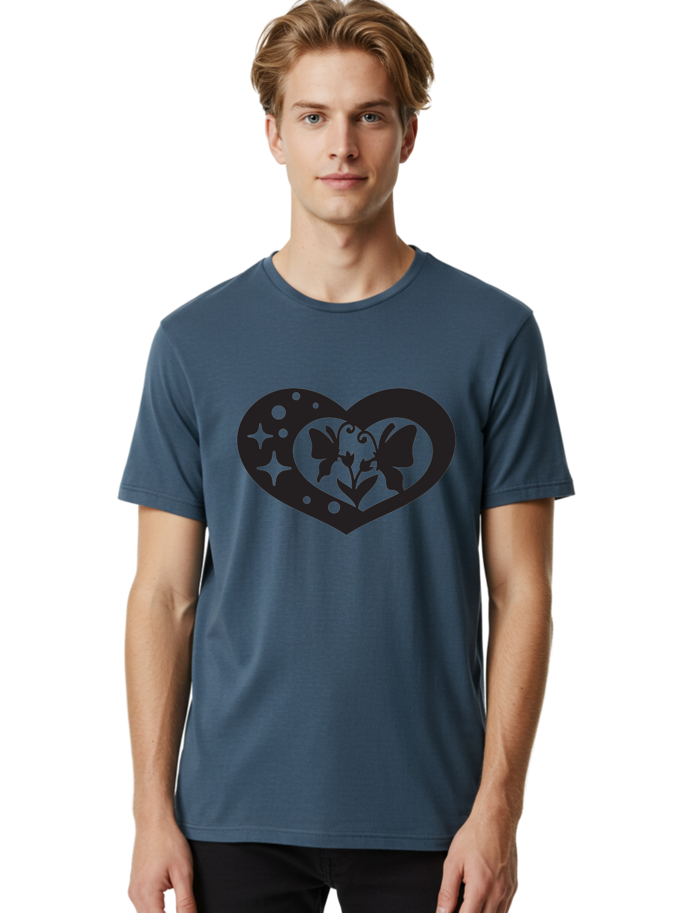 Butterfly-Heart Men'S Graphic Tee, 100% Cotton, Comfortable Casual Summer Wear, Machine Washable, Heart Shape, Butterfly Silhouette, Floral Design, Whimsical Graphics, Decorative Art, Symbolic Heart, Nature-Inspired, Mystical Charm, Aab259 12
