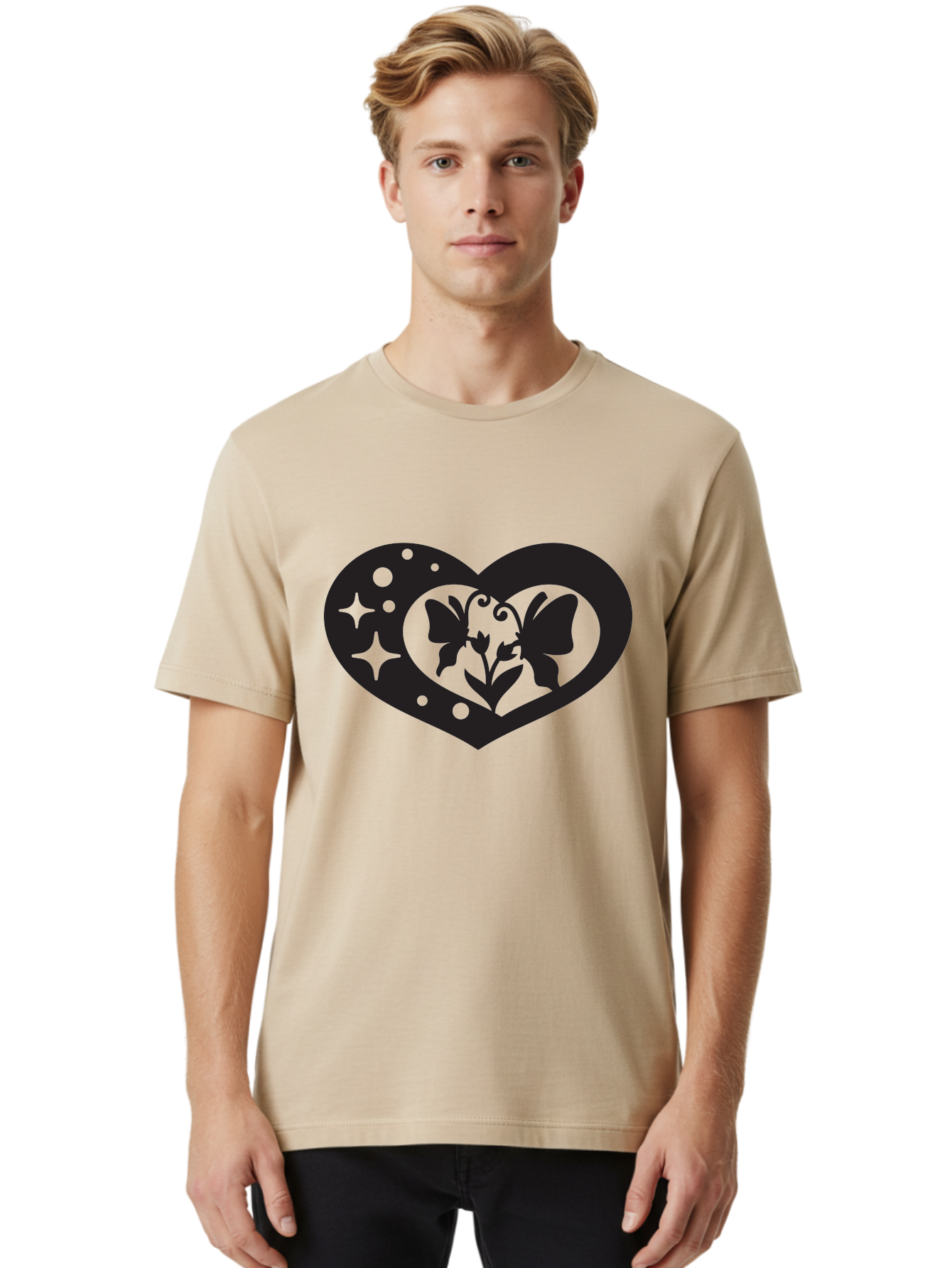 Butterfly-Heart Men'S Graphic Tee, 100% Cotton, Comfortable Casual Summer Wear, Machine Washable, Heart Shape, Butterfly Silhouette, Floral Design, Whimsical Graphics, Decorative Art, Symbolic Heart, Nature-Inspired, Mystical Charm, Aab259 28