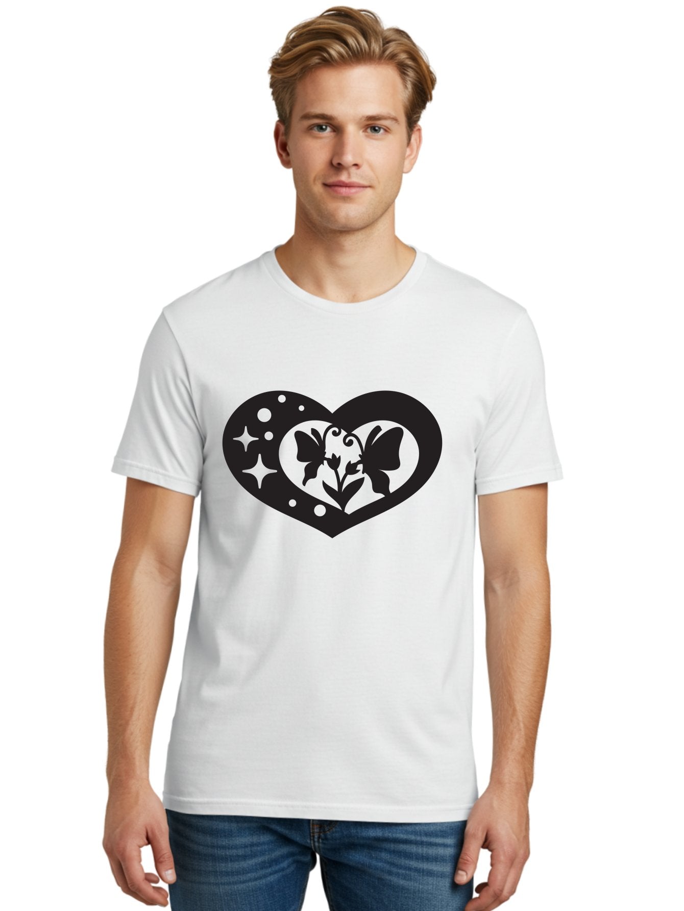 Butterfly-Heart Men'S Graphic Tee, 100% Cotton, Comfortable Casual Summer Wear, Machine Washable, Heart Shape, Butterfly Silhouette, Floral Design, Whimsical Graphics, Decorative Art, Symbolic Heart, Nature-Inspired, Mystical Charm, Aab259 17