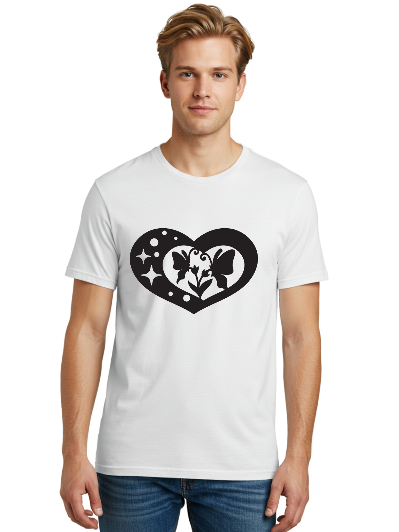 Butterfly-Heart Men'S Graphic Tee, 100% Cotton, Comfortable Casual Summer Wear, Machine Washable, Heart Shape, Butterfly Silhouette, Floral Design, Whimsical Graphics, Decorative Art, Symbolic Heart, Nature-Inspired, Mystical Charm, Aab259 30