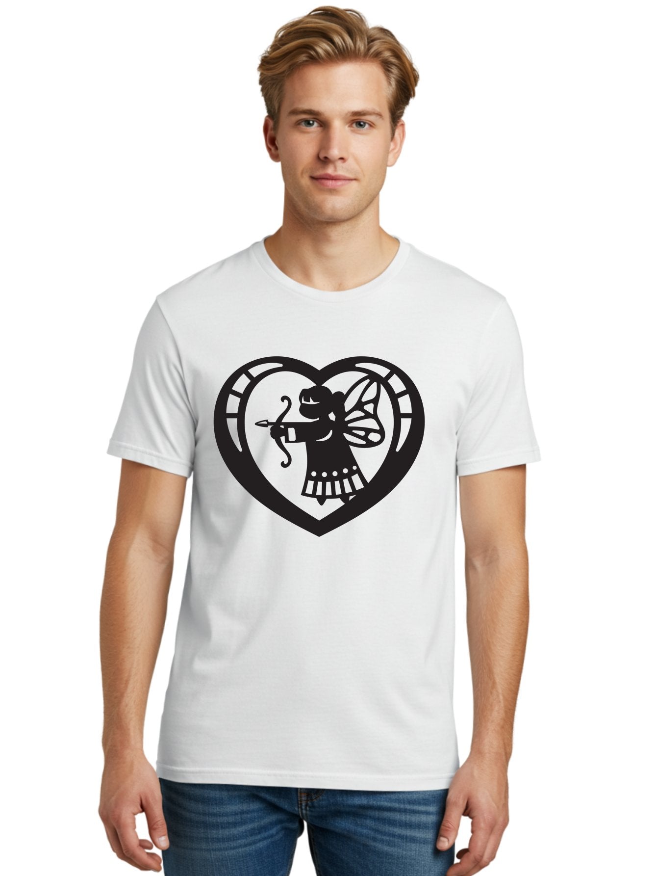Cupid-1 Men'S Graphic Tee, 100% Cotton, Comfortable Casual Summer Wear, Machine Washable, Cupid Silhouette, Cupid With Bow And Arrow, Heart Shape, Valentines Day Symbol, Love Icon, Cherub Figure, Winged Character, Romantic Emblem, Aab261 23