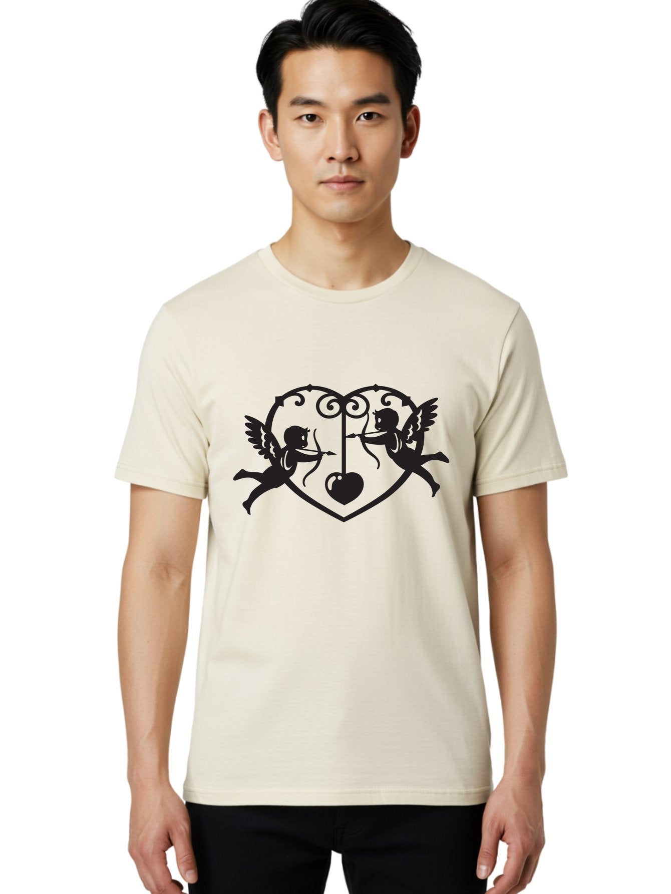 Cupid-Shooting-Arrow-At-Heart Men'S Graphic Tee, 100% Cotton, Comfortable Casual Summer Wear, Machine Washable, Cupid Shooting Arrows, Love Heart, Symbol Of Love, Romantic Icon, Valentine'S Day Theme, Cherub With Bow And Arrow, Aab263 18