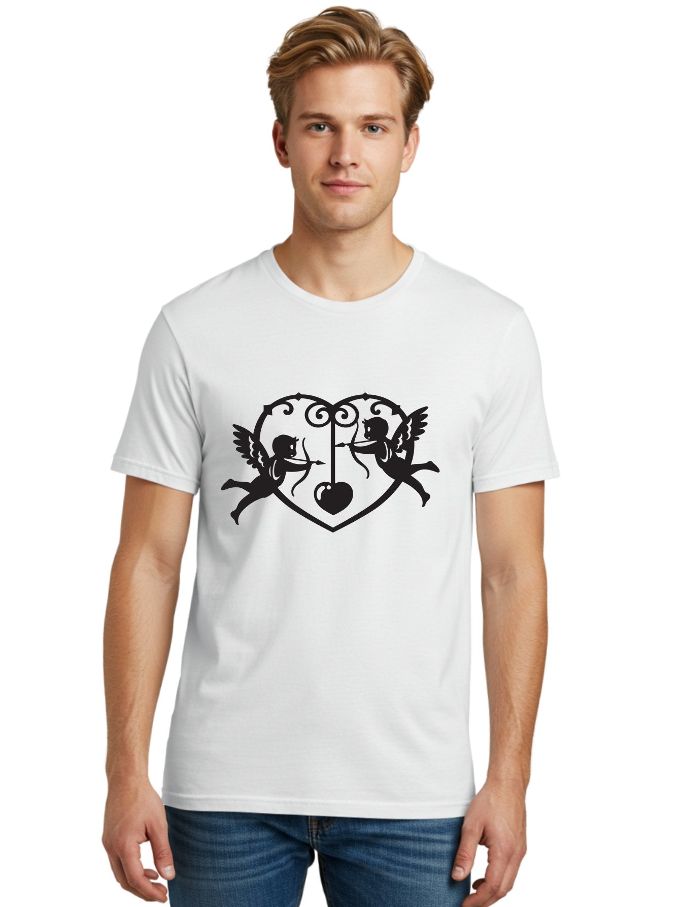 Cupid-Shooting-Arrow-At-Heart Men'S Graphic Tee, 100% Cotton, Comfortable Casual Summer Wear, Machine Washable, Cupid Shooting Arrows, Love Heart, Symbol Of Love, Romantic Icon, Valentine'S Day Theme, Cherub With Bow And Arrow, Aab263 19