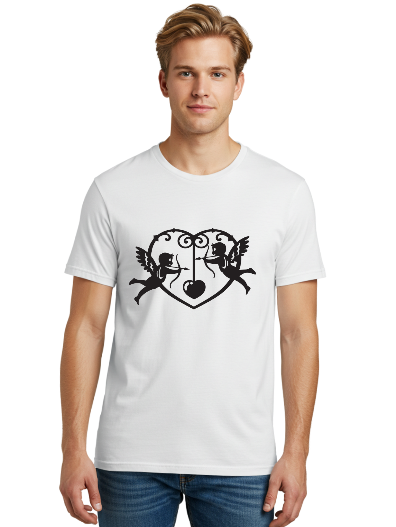 Cupid-Shooting-Arrow-At-Heart Men'S Graphic Tee, 100% Cotton, Comfortable Casual Summer Wear, Machine Washable, Cupid Shooting Arrows, Love Heart, Symbol Of Love, Romantic Icon, Valentine'S Day Theme, Cherub With Bow And Arrow, Aab263 30