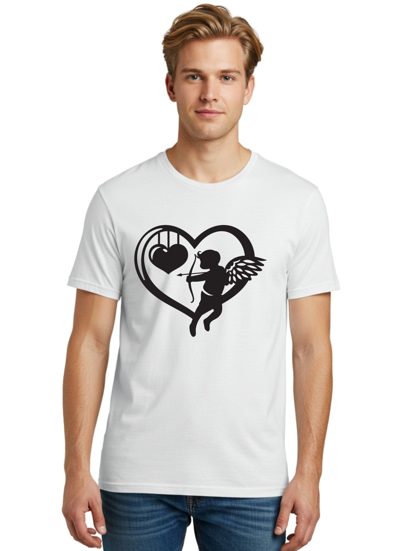 Cupid-With-Bow-And-Arrow Men'S Graphic Tee, 100% Cotton, Comfortable Casual Summer Wear, Machine Washable, Cupid Shooting Arrow, Heart Shape, Love Symbol, Romantic Gesture, Arrow And Heart, Valentine'S Day Icon, Cherub With Bow Aab264 20