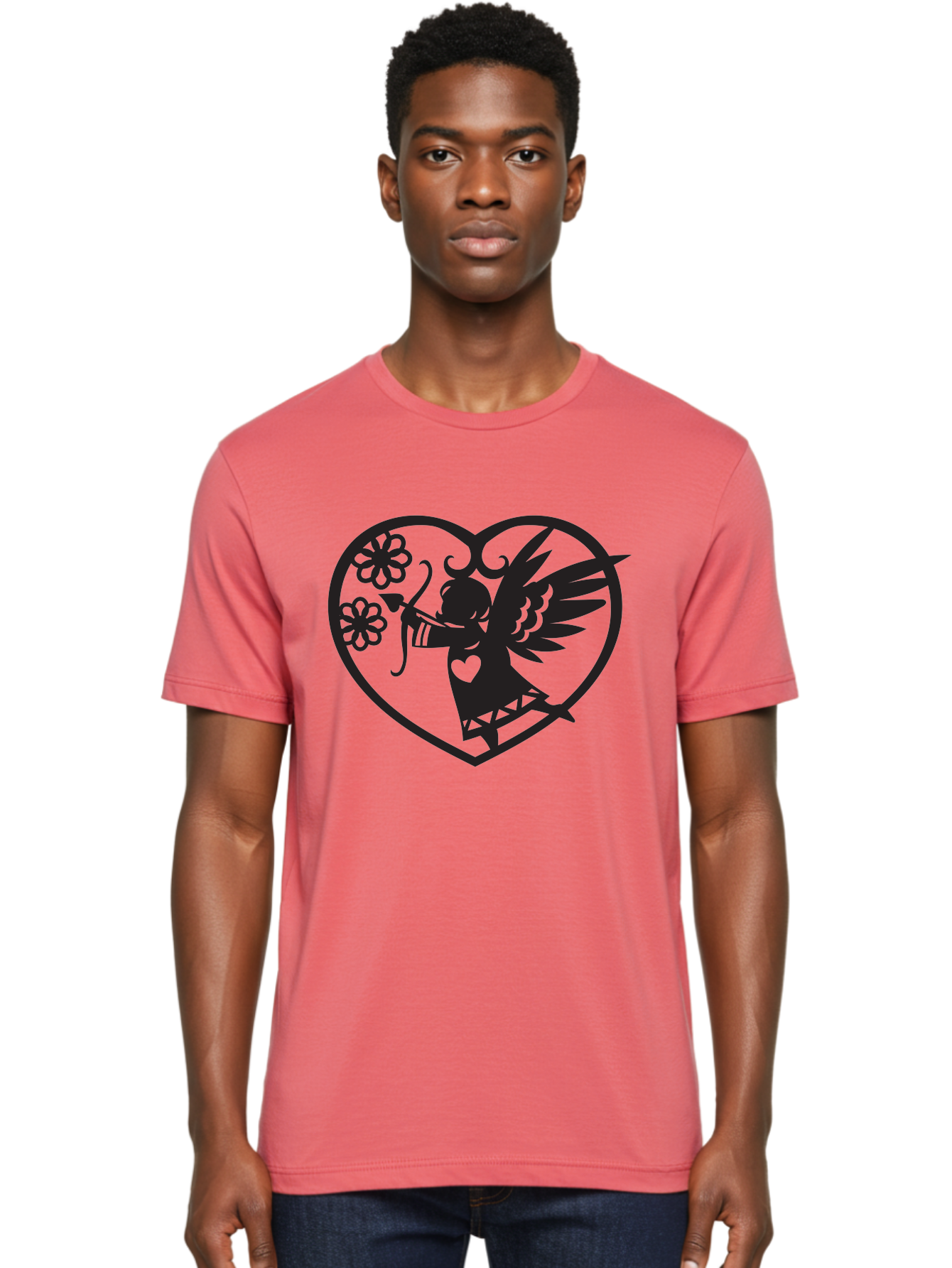 Cupid-With-Flowers Men'S Graphic Tee, 100% Cotton, Comfortable Casual Summer Wear, Machine Washable, Cupid With Bow And Arrow, Love Symbol, Valentines Day Icon, Heart Shaped Frame, Floral Elements, Romance And Love, Cherub With Wings Aab265 6