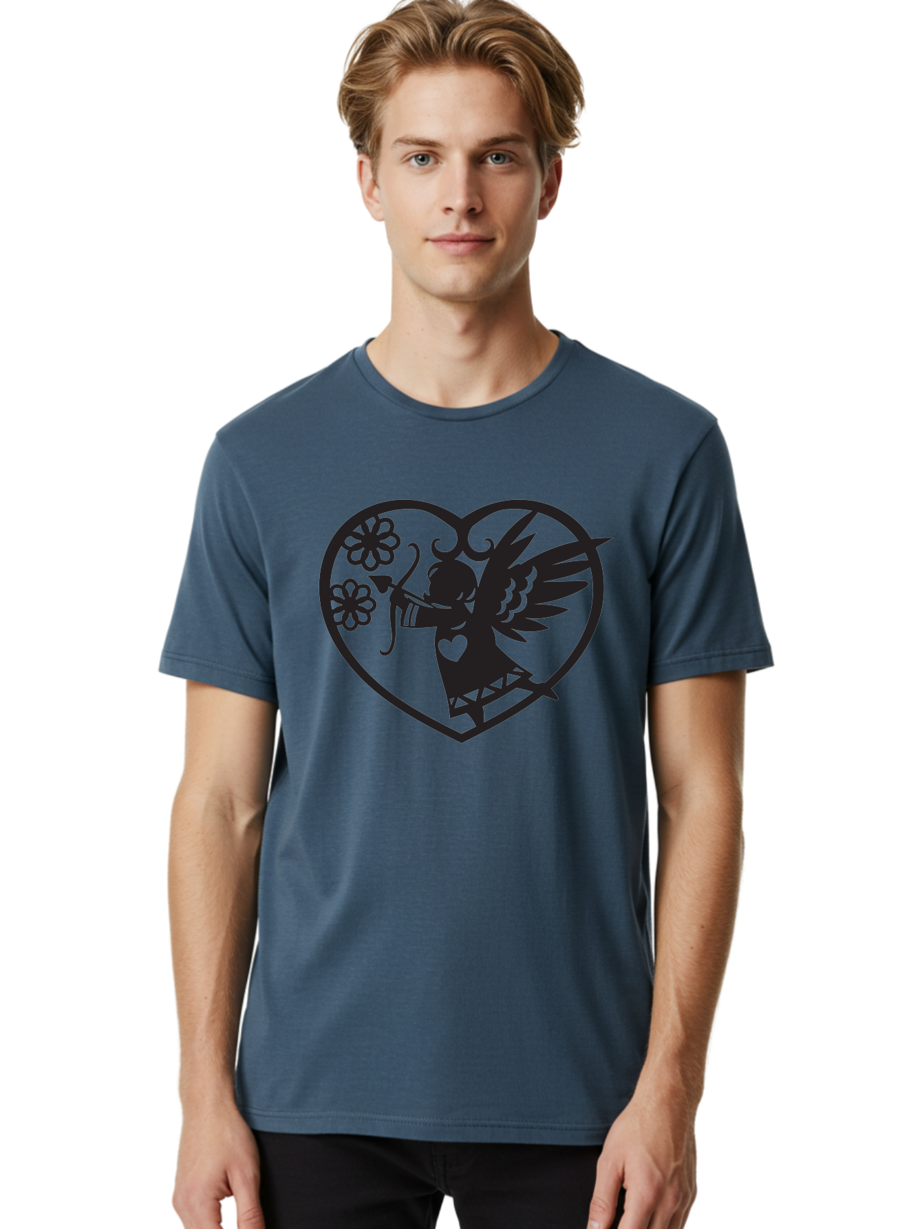 Cupid-With-Flowers Men'S Graphic Tee, 100% Cotton, Comfortable Casual Summer Wear, Machine Washable, Cupid With Bow And Arrow, Love Symbol, Valentines Day Icon, Heart Shaped Frame, Floral Elements, Romance And Love, Cherub With Wings Aab265 12