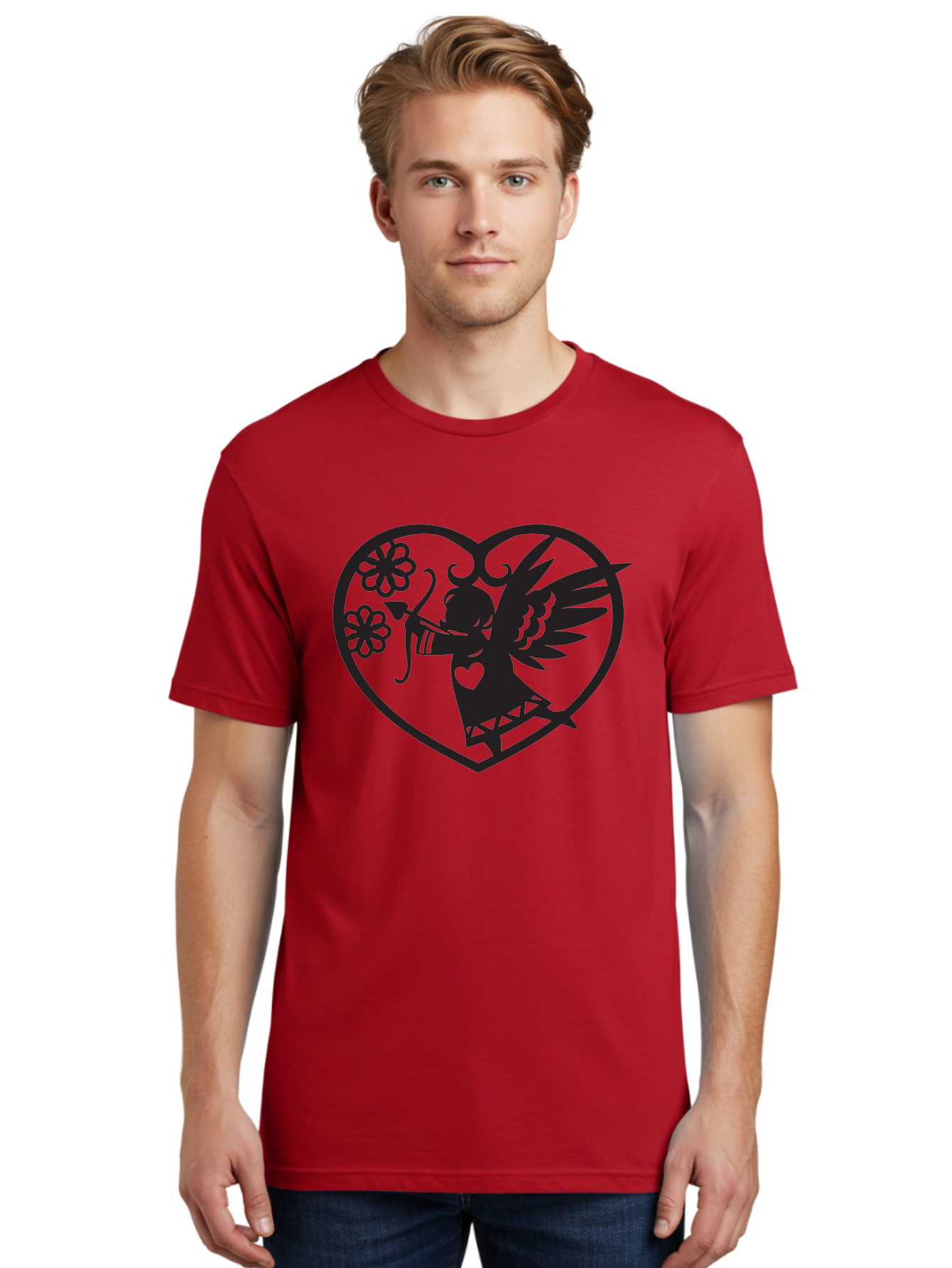 Cupid-With-Flowers Men'S Graphic Tee, 100% Cotton, Comfortable Casual Summer Wear, Machine Washable, Cupid With Bow And Arrow, Love Symbol, Valentines Day Icon, Heart Shaped Frame, Floral Elements, Romance And Love, Cherub With Wings Aab265 24