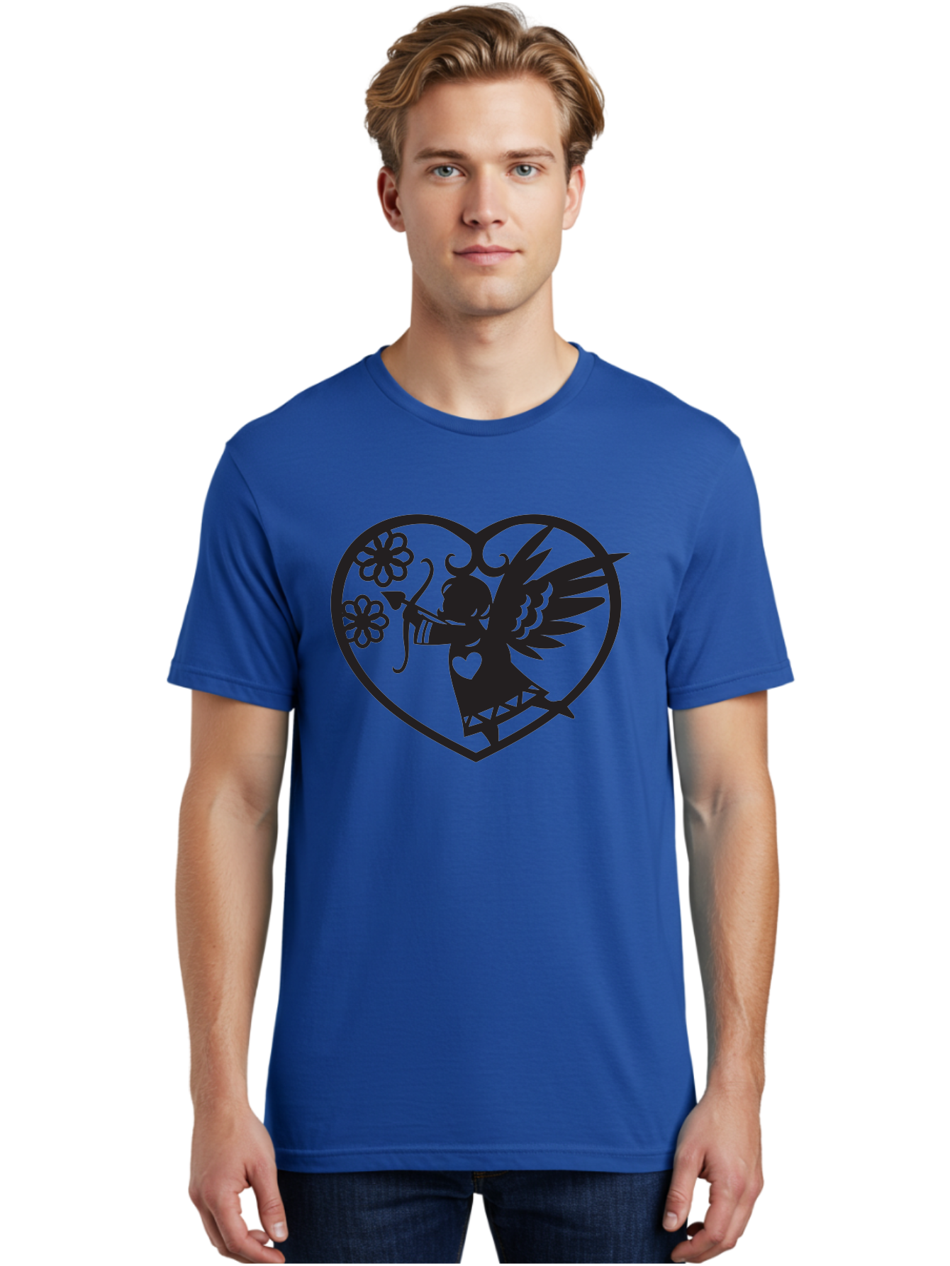 Cupid-With-Flowers Men'S Graphic Tee, 100% Cotton, Comfortable Casual Summer Wear, Machine Washable, Cupid With Bow And Arrow, Love Symbol, Valentines Day Icon, Heart Shaped Frame, Floral Elements, Romance And Love, Cherub With Wings Aab265 26