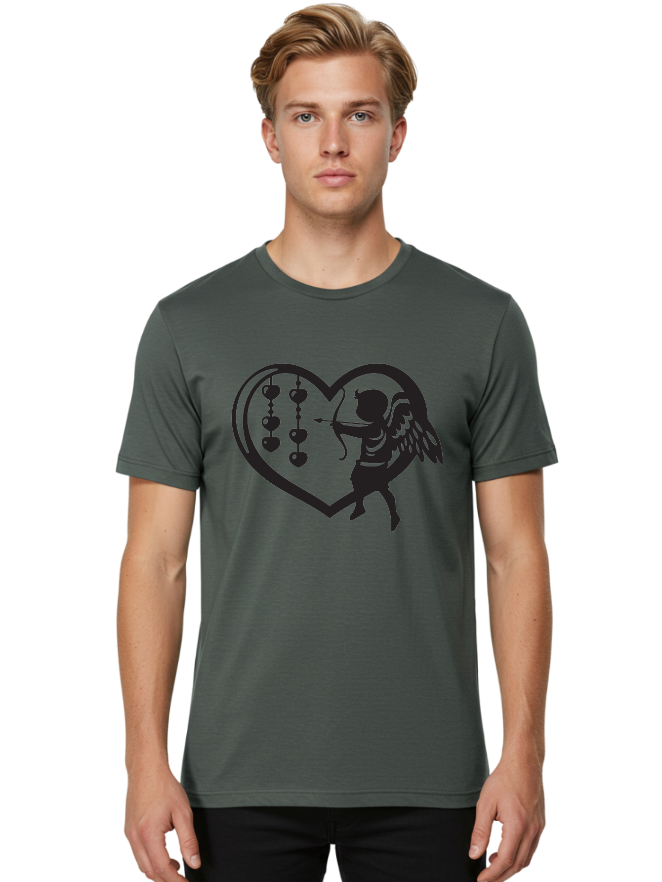 Cupid-With-Heart-Shaped-Necklace Men'S Graphic Tee, 100% Cotton, Comfortable Casual Summer Wear, Machine Washable, Cupid Shooting Arrow, Heart-Shaped Frame, Love Symbol, Valentine'S Day Theme, Romantic Gesture, Heart Beads, Winged Cherub Aab266 4