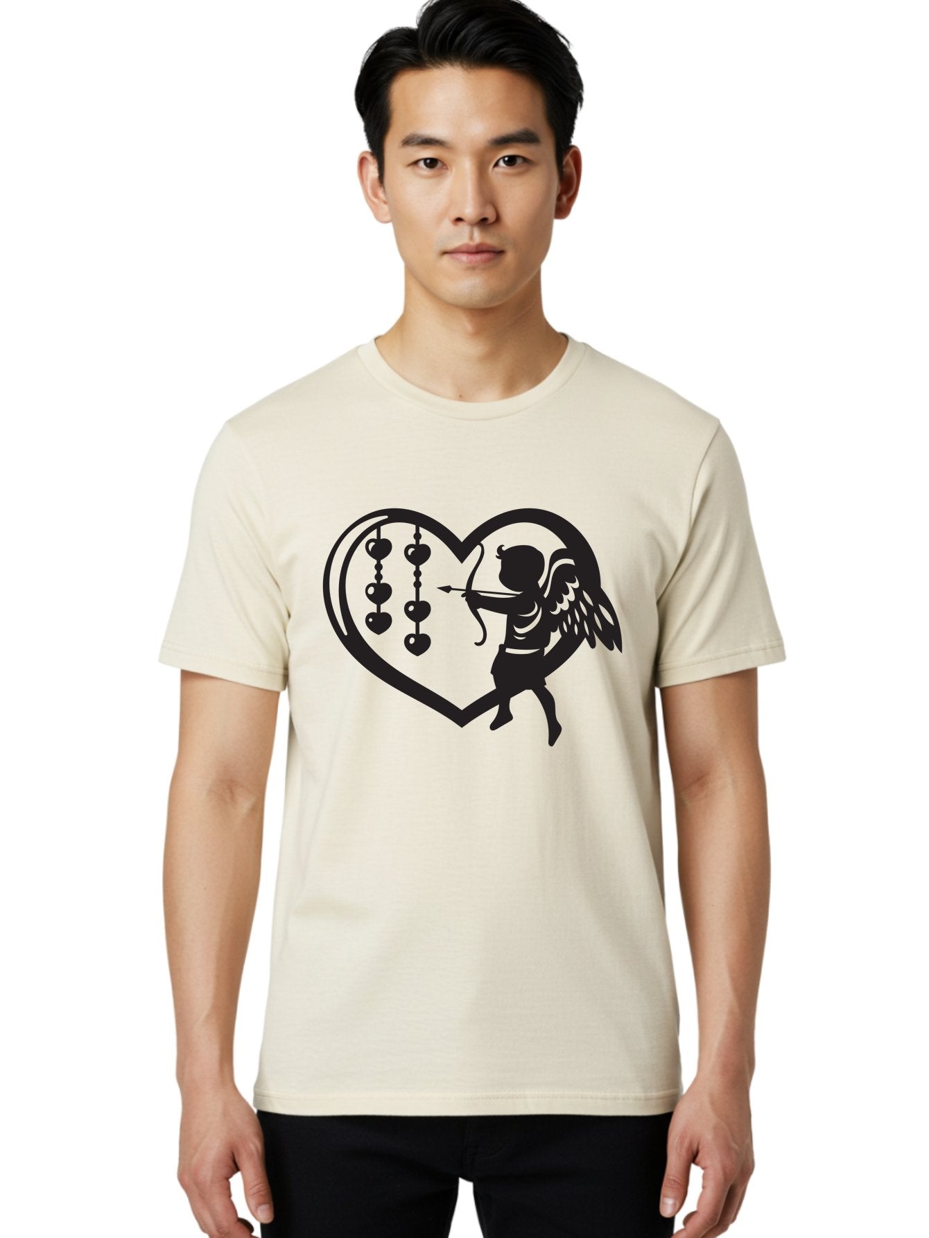 Cupid-With-Heart-Shaped-Necklace Men'S Graphic Tee, 100% Cotton, Comfortable Casual Summer Wear, Machine Washable, Cupid Shooting Arrow, Heart-Shaped Frame, Love Symbol, Valentine'S Day Theme, Romantic Gesture, Heart Beads, Winged Cherub Aab266 24