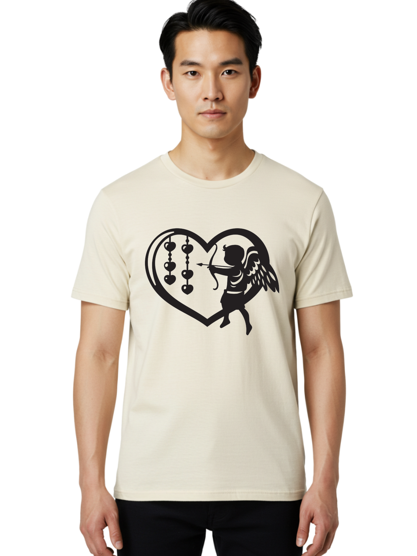 Cupid-With-Heart-Shaped-Necklace Men'S Graphic Tee, 100% Cotton, Comfortable Casual Summer Wear, Machine Washable, Cupid Shooting Arrow, Heart-Shaped Frame, Love Symbol, Valentine'S Day Theme, Romantic Gesture, Heart Beads, Winged Cherub Aab266 18