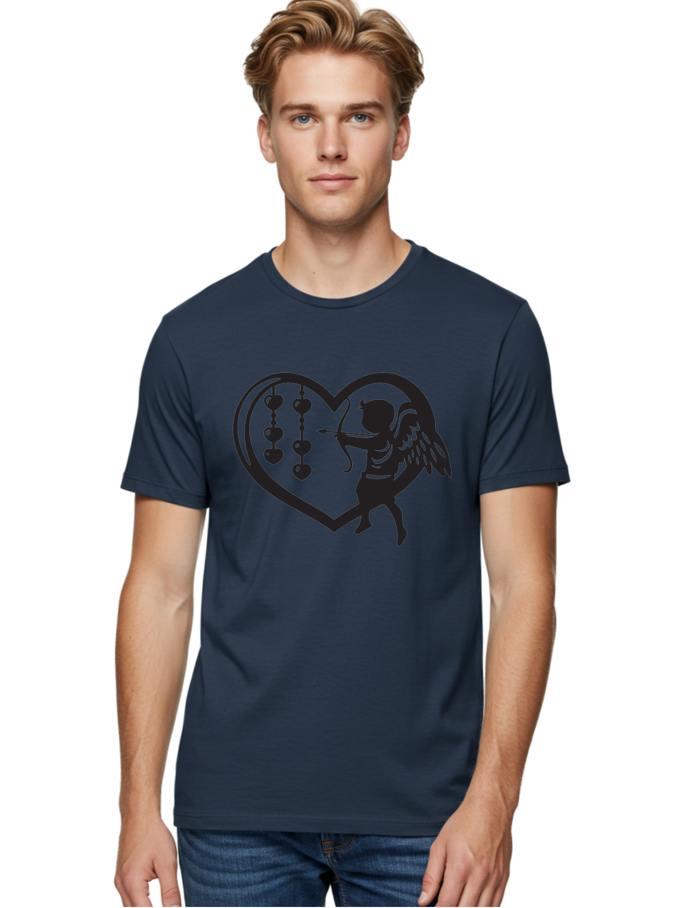 Cupid-With-Heart-Shaped-Necklace Men'S Graphic Tee, 100% Cotton, Comfortable Casual Summer Wear, Machine Washable, Cupid Shooting Arrow, Heart-Shaped Frame, Love Symbol, Valentine'S Day Theme, Romantic Gesture, Heart Beads, Winged Cherub Aab266 20